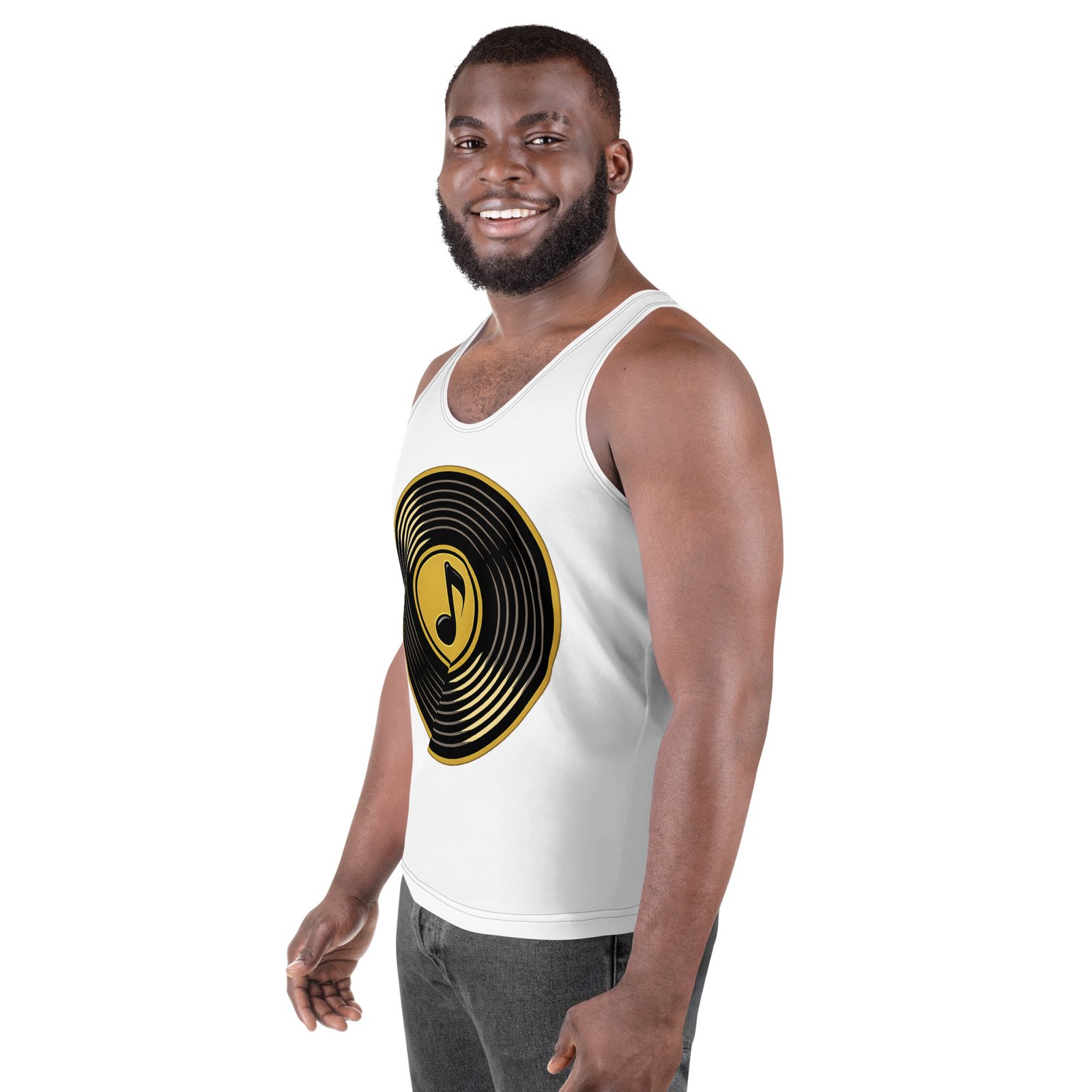 Męski tank top z grafiką płyty winylowej – biała koszulka bez rękawów z motywem muzycznym| Zarn.pl Męski tank top z grafiką płyty winylowej – biała koszulka bez rękawów z motywem muzycznym - obrazek 5