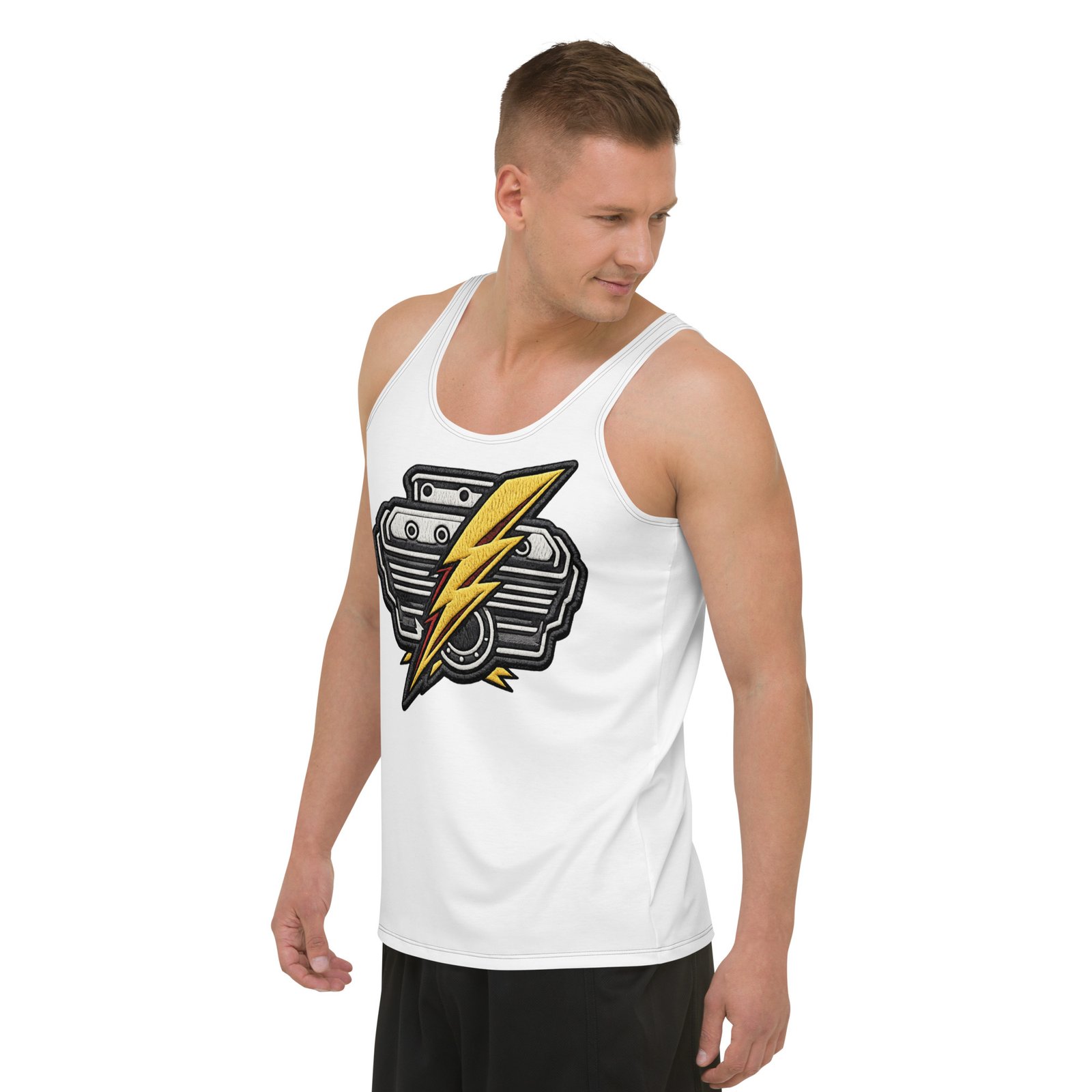 Męski tank top z grafiką silnika i błyskawicy – koszulka bez rękawów dla fanów motoryzacji| Zarn.pl Męski tank top z grafiką silnika i błyskawicy – koszulka bez rękawów dla fanów motoryzacji - obrazek 5