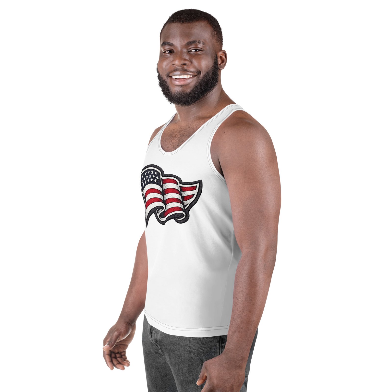Męski tank top z grafiką falującej flagi USA – koszulka bez rękawów| Zarn.pl Męski tank top z grafiką falującej flagi USA – koszulka bez rękawów - obrazek 5