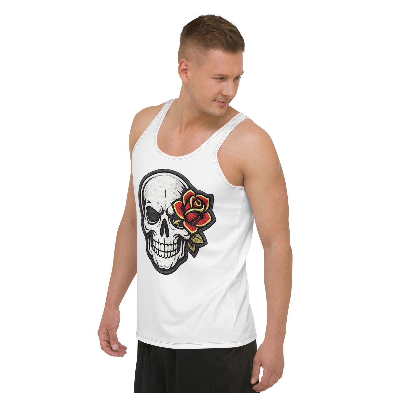 Męski tank top z grafiką czaszki i czerwonej róży – koszulka bez rękawów| Zarn.pl Męski tank top z grafiką czaszki i czerwonej róży – koszulka bez rękawów - obrazek 5