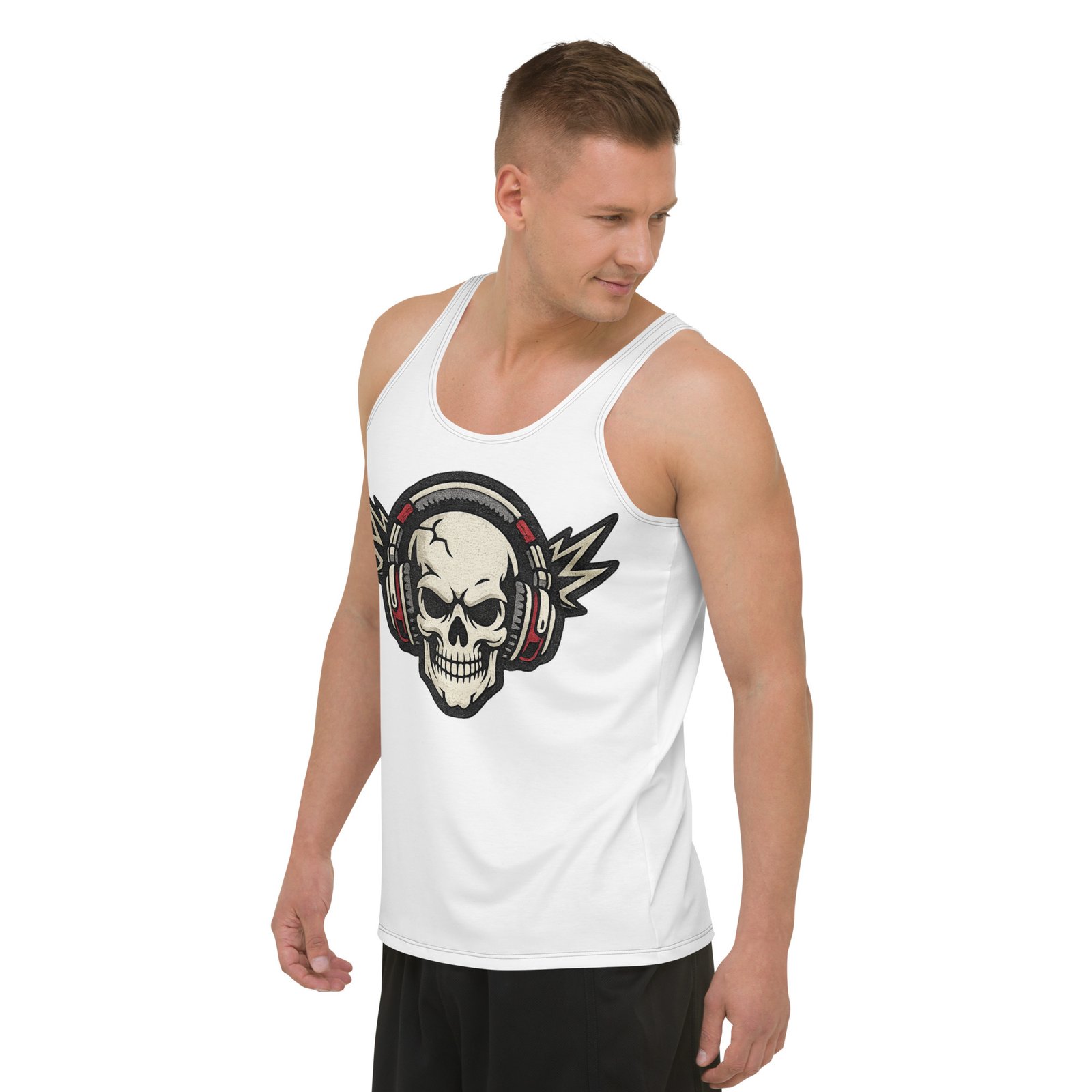 Męski tank top z grafiką czaszki w słuchawkach – koszulka męska bez rękawów z czaszką w słuchawkach| Zarn.pl Męski tank top z grafiką czaszki w słuchawkach – koszulka męska bez rękawów z czaszką w słuchawkach - obrazek 5
