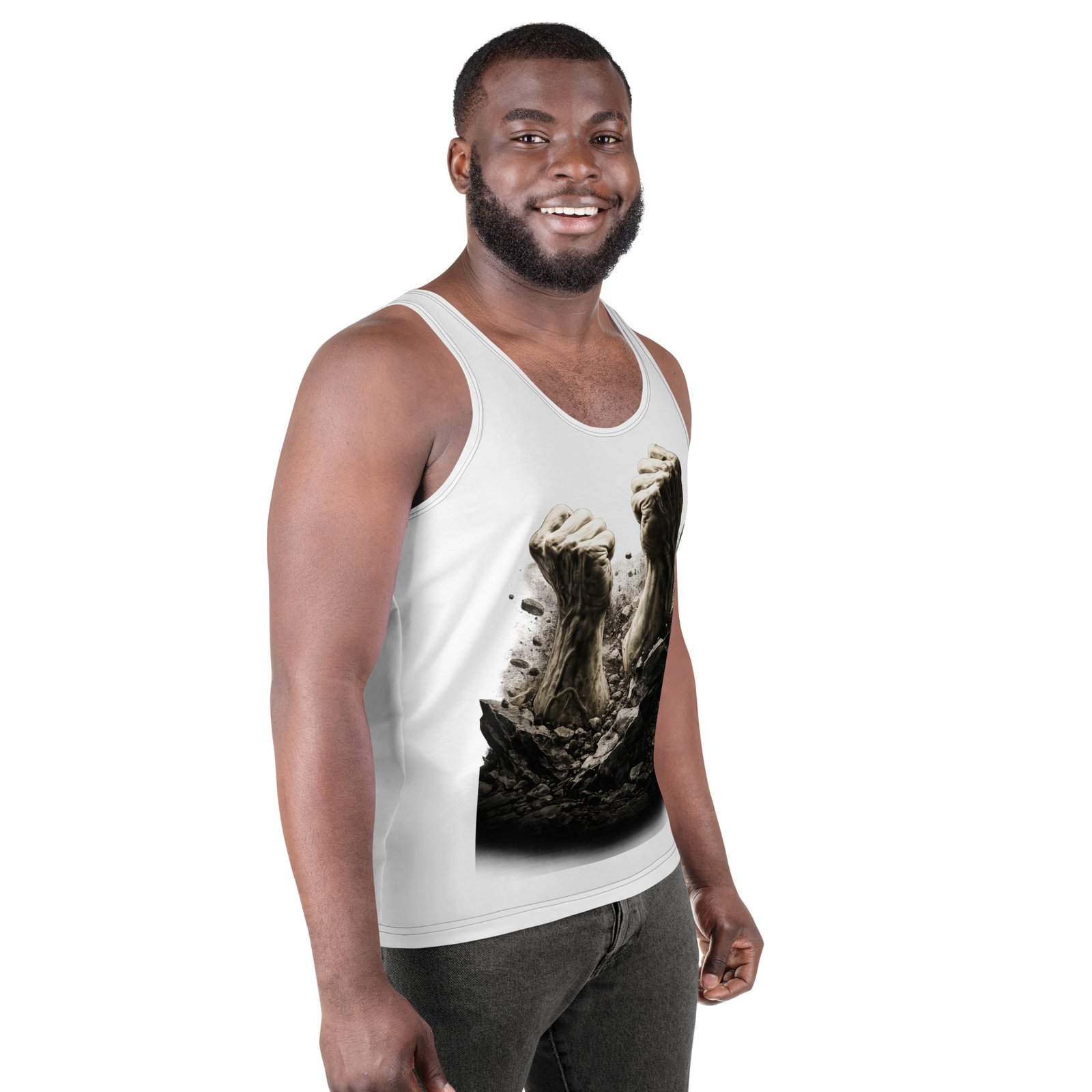 Męski tank top artystyczny „Siła Przebicia” – koszulka męska bez rękawów z grafiką przebijających się pięści| Zarn.pl Męski tank top artystyczny „Siła Przebicia” – koszulka męska bez rękawów z grafiką przebijających się pięści - obrazek 6