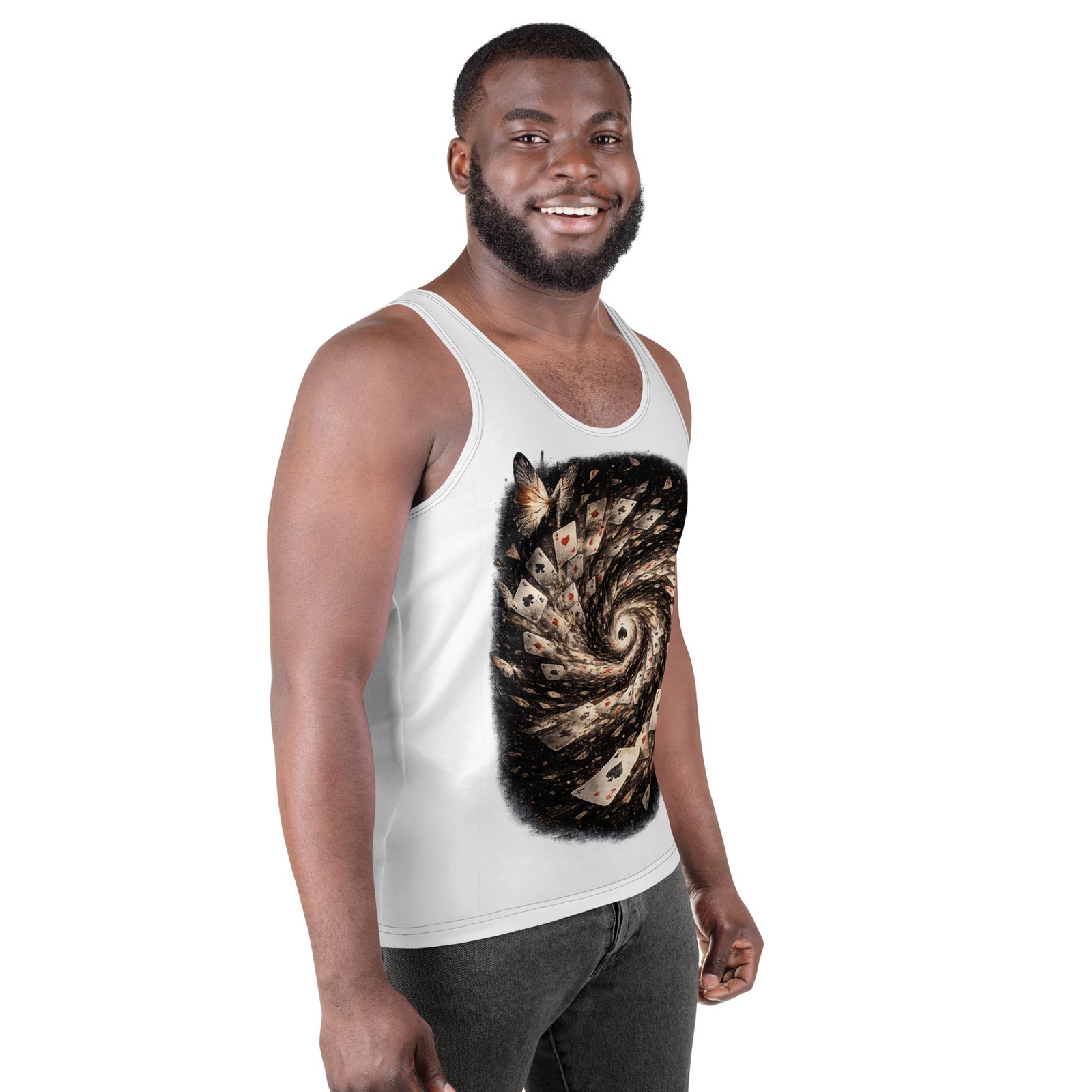 Męski tank top artystyczny „Wir Kart Przeznaczenia” – koszulka męska bez rękawów z grafiką wirujących kart do gry| Zarn.pl Męski tank top artystyczny „Wir Kart Przeznaczenia” – koszulka męska bez rękawów z grafiką wirujących kart do gry - obrazek 6