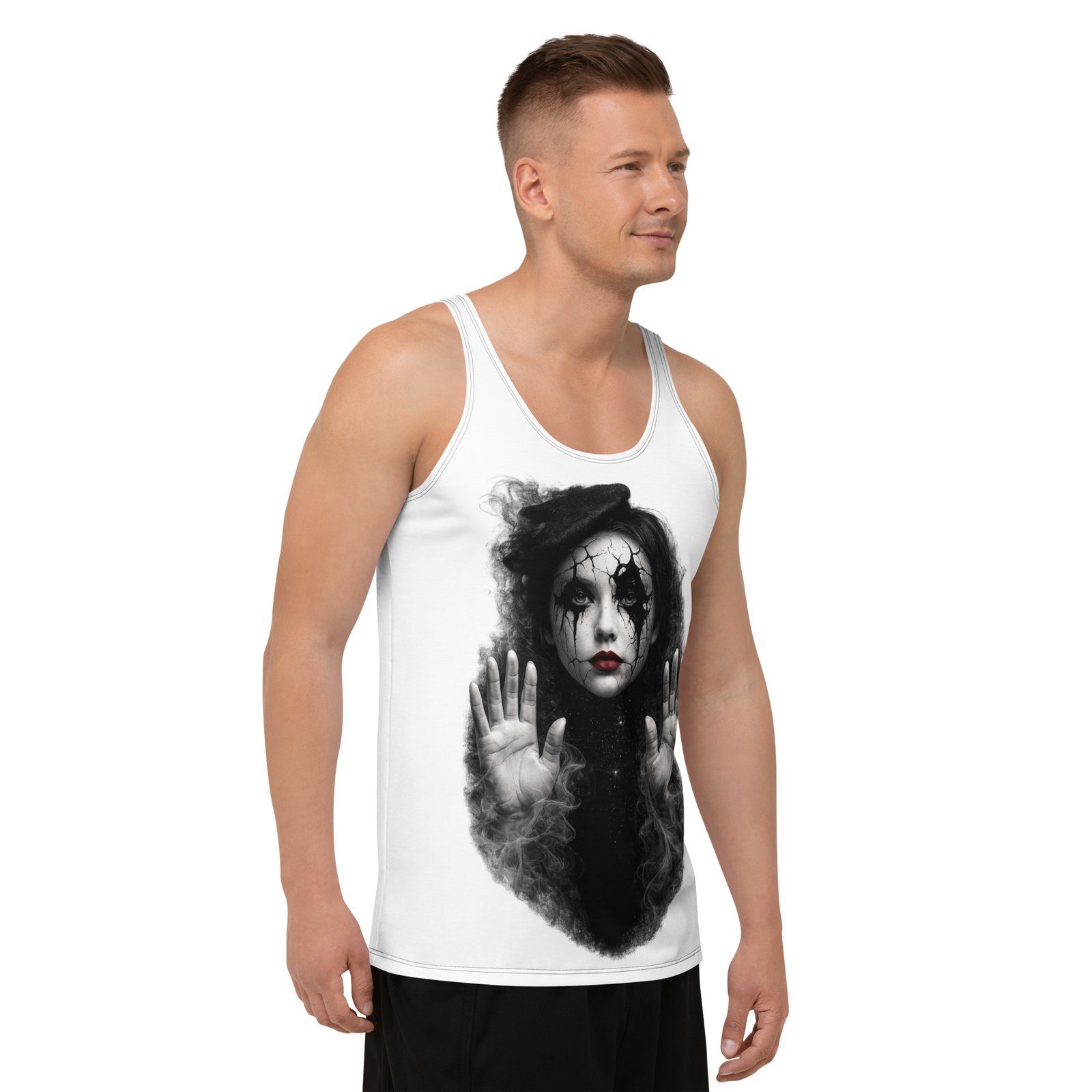 Męski tank top artystyczny „Pęknięta Marionetka” – koszulka męska bez rękawów z grafiką tajemniczej kobiety| Zarn.pl Męski tank top artystyczny „Pęknięta Marionetka” – koszulka męska bez rękawów z grafiką tajemniczej kobiety - obrazek 6