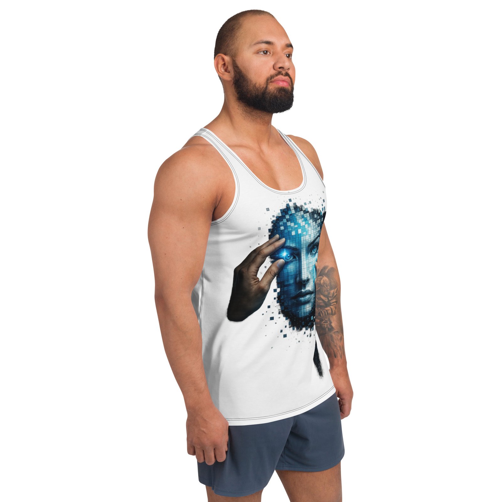 Męski tank top artystyczny „Cyfrowa Tożsamość” – koszulka męska bez rękawów z grafiką futurystycznej twarzy AI| Zarn.pl Męski tank top artystyczny „Cyfrowa Tożsamość” – koszulka męska bez rękawów z grafiką futurystycznej twarzy AI - obrazek 6