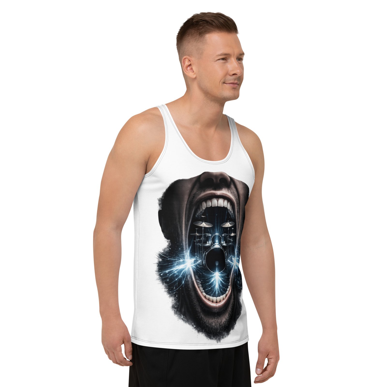 Męski tank top artystyczny „Krzyk Muzyki” – koszulka męska bez rękawów z grafiką otwartych ust i perkusji| Zarn.pl Męski tank top artystyczny „Krzyk Muzyki” – koszulka męska bez rękawów z grafiką otwartych ust i perkusji - obrazek 6
