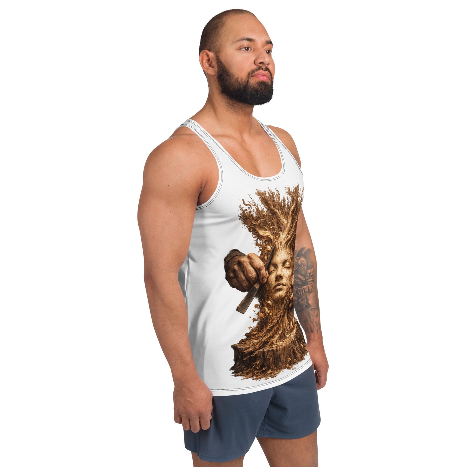 Męski tank top artystyczny „Drzewo Duszy” – koszulka męska bez rękawów z grafiką twarzy wyrzeźbionej w drzewie| Zarn.pl Męski tank top artystyczny „Drzewo Duszy” – koszulka męska bez rękawów z grafiką twarzy wyrzeźbionej w drzewie - obrazek 6