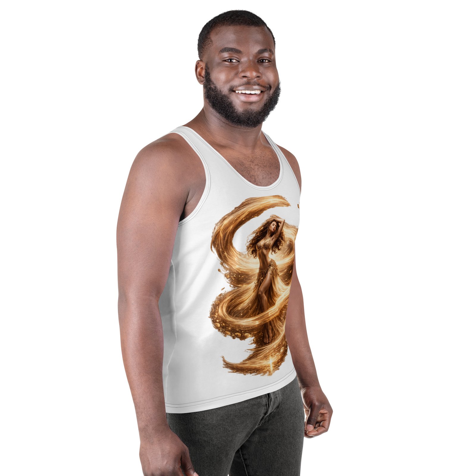 Męski tank top artystyczny „Złoty Taniec Żywiołu” – koszulka męska bez rękawów z grafiką tańczącej kobiety| Zarn.pl Męski tank top artystyczny „Złoty Taniec Żywiołu” – koszulka męska bez rękawów z grafiką tańczącej kobiety - obrazek 6