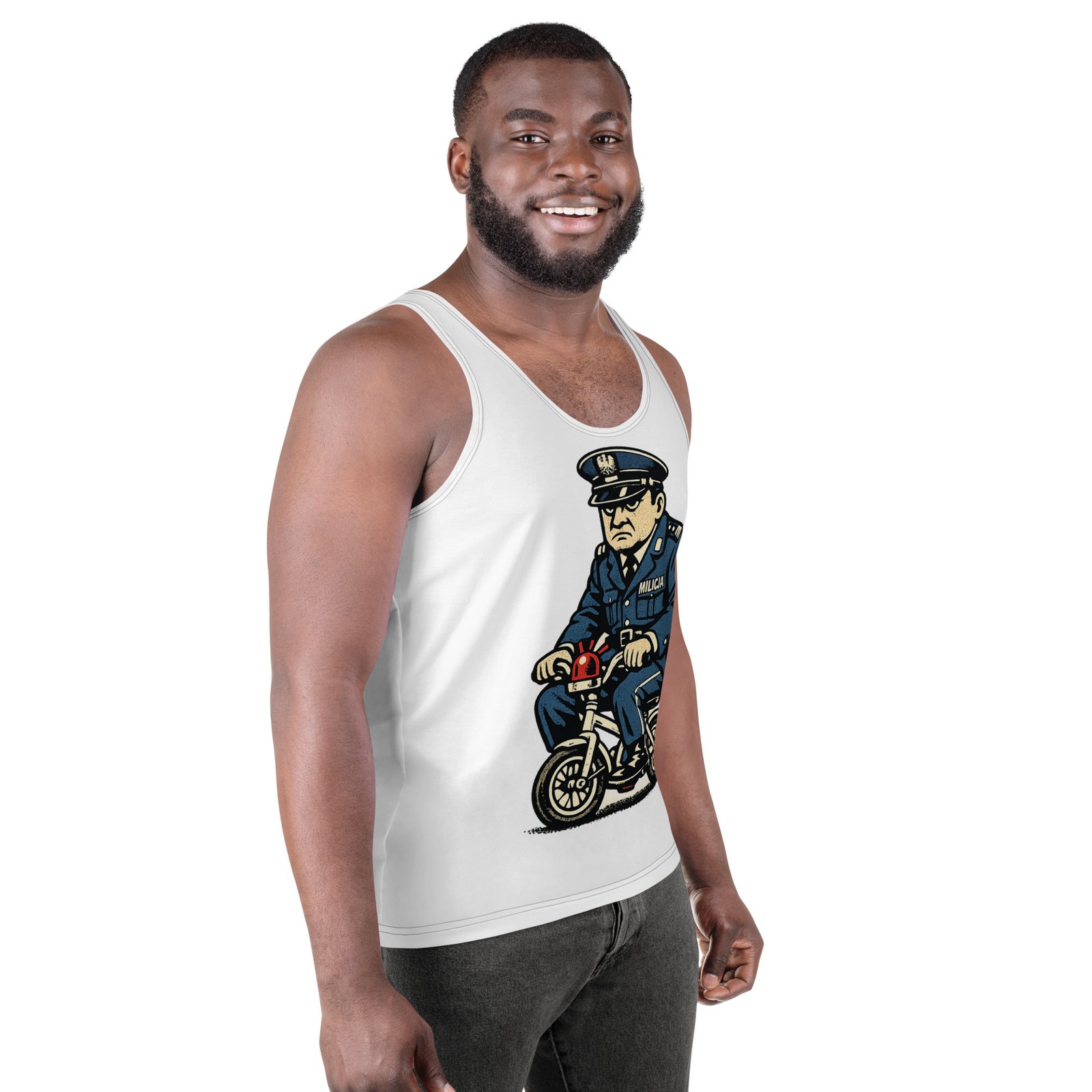 Męski tank top „Milicjant na rowerku” – męska koszulka bez rękawów PRL z humorystyczną grafiką| Zarn.pl Męski tank top „Milicjant na rowerku” – męska koszulka bez rękawów PRL z humorystyczną grafiką - obrazek 6
