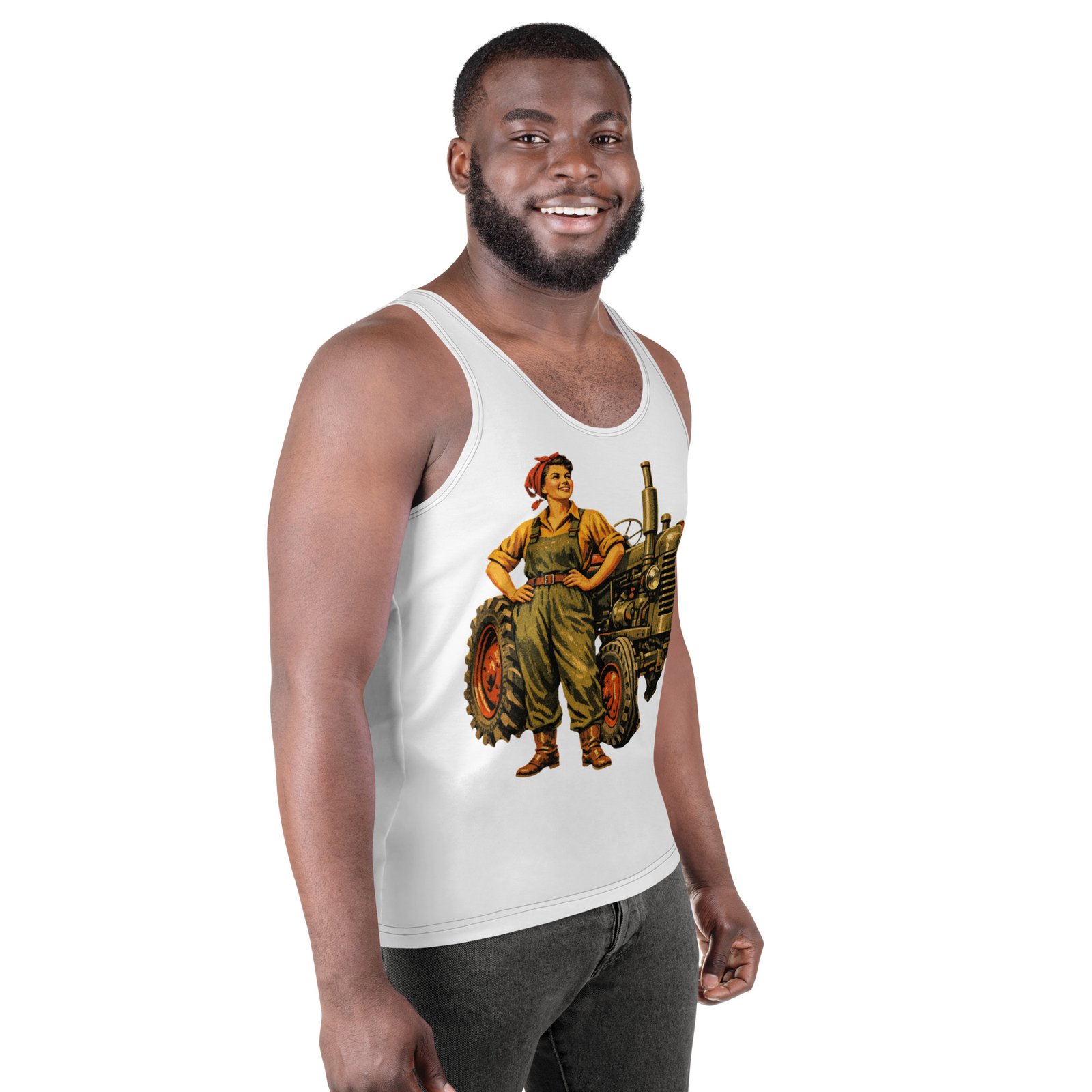 Męski tank top „Traktorzystka PRL” – męska koszulka bez rękawów z grafiką kobiety i ciągnika| Zarn.pl Męski tank top „Traktorzystka PRL” – męska koszulka bez rękawów z grafiką kobiety i ciągnika - obrazek 6