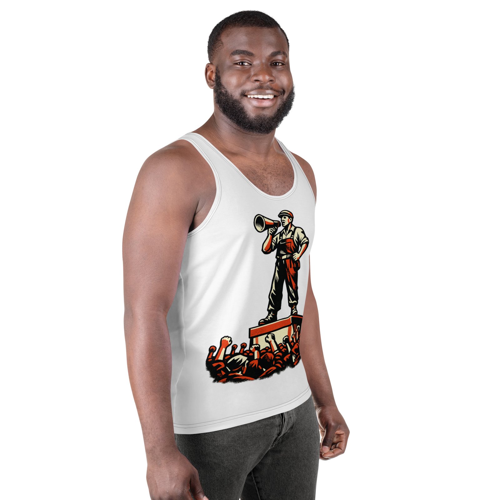 Męski tank top „Robotnik z megafonem” – męska koszulka bez rękawów PRL z propagandową grafiką| Zarn.pl Męski tank top „Robotnik z megafonem” – męska koszulka bez rękawów PRL z propagandową grafiką - obrazek 6