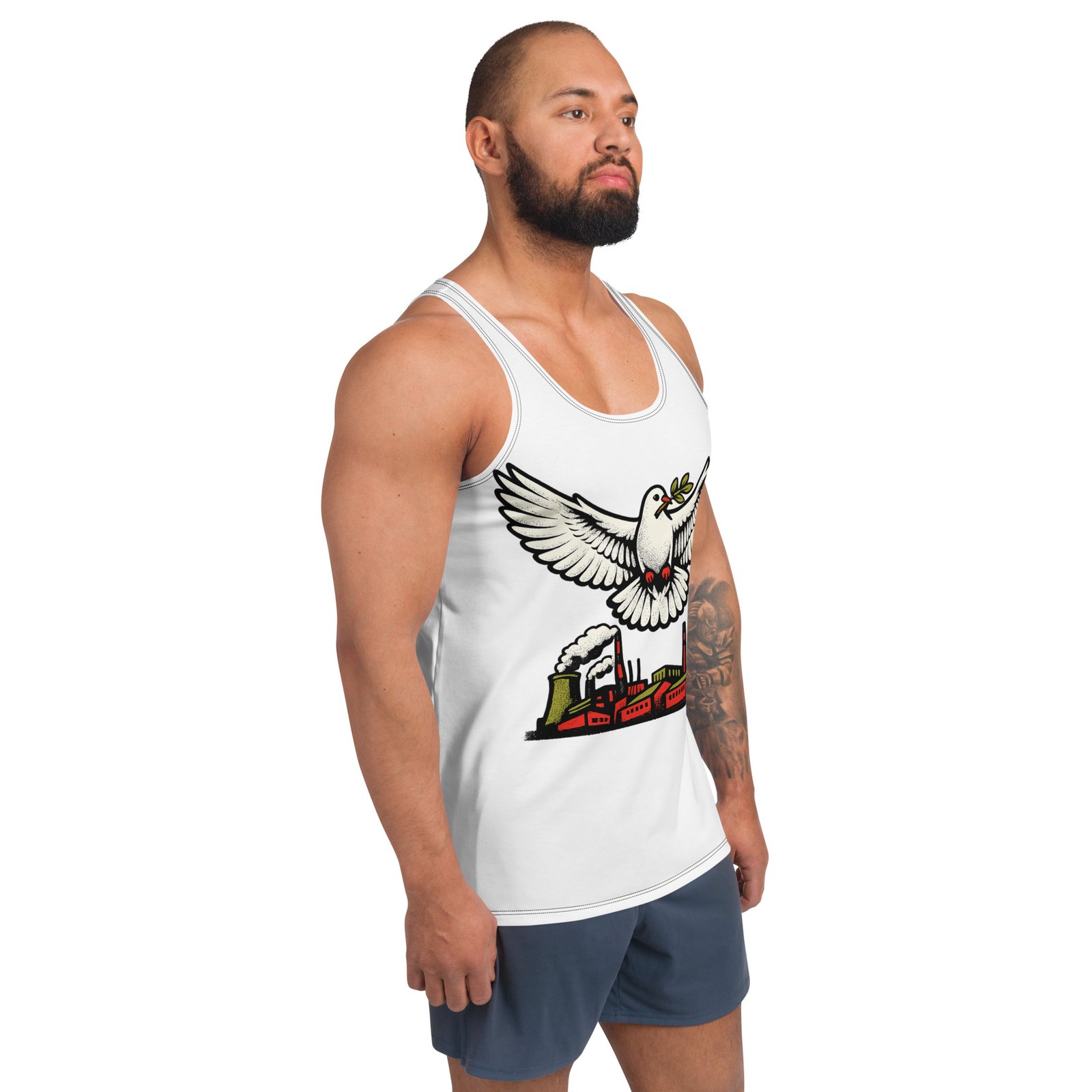 Męski tank top „Gołąb pokoju nad fabryką” – męska koszulka bez rękawów PRL z grafiką retro| Zarn.pl Męski tank top „Gołąb pokoju nad fabryką” – męska koszulka bez rękawów PRL z grafiką retro - obrazek 6