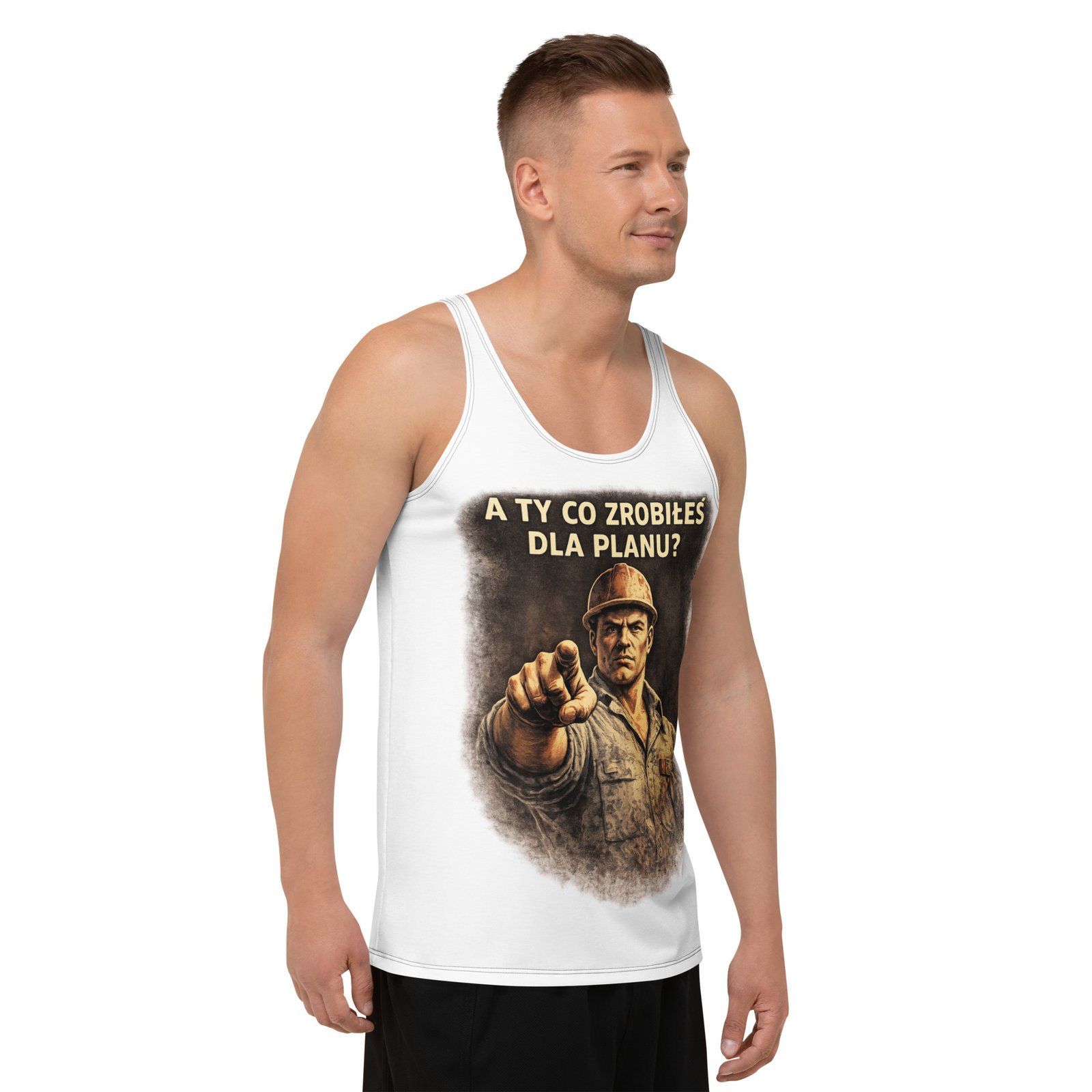 Męski tank top „A Ty co zrobiłeś dla planu?” – koszulka bez rękawów PRL z grafiką retro| Zarn.pl Męski tank top „A Ty co zrobiłeś dla planu?” – koszulka bez rękawów PRL z grafiką retro - obrazek 6
