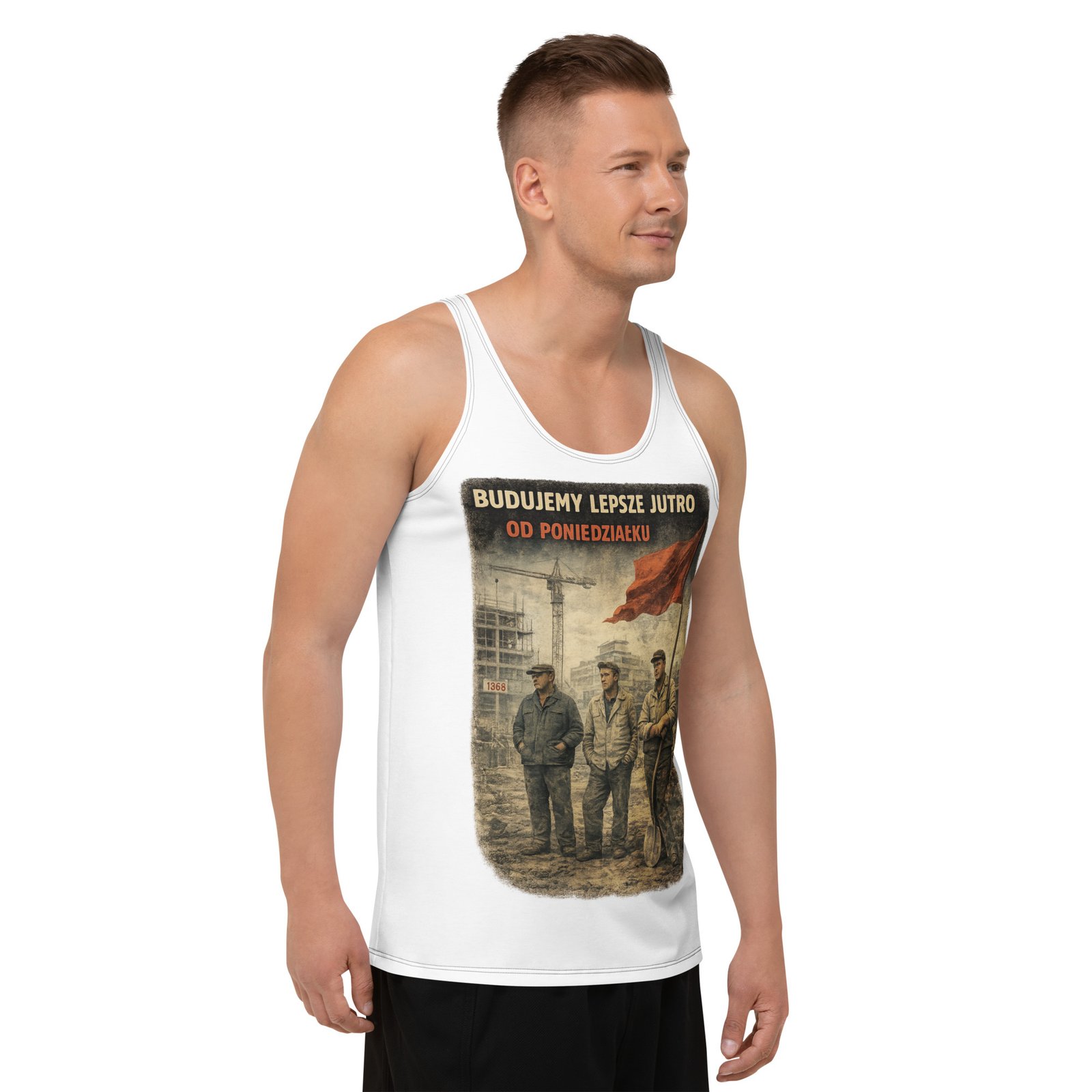 Męski tank top „Budujemy lepsze jutro od poniedziałku” – koszulka bez rękawów PRL| Zarn.pl Męski tank top „Budujemy lepsze jutro od poniedziałku” – koszulka bez rękawów PRL - obrazek 6