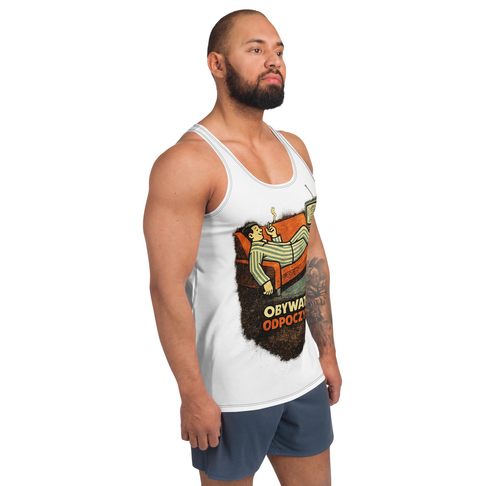 Męski tank top „Obywatel odpoczywa” – koszulka bez rękawów z humorystycznym nadrukiem retro| Zarn.pl Męski tank top „Obywatel odpoczywa” – koszulka bez rękawów z humorystycznym nadrukiem retro - obrazek 6