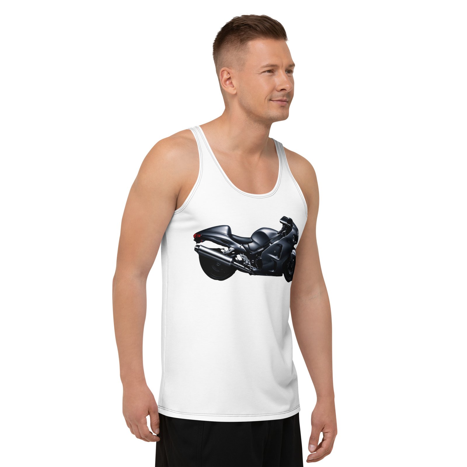 Męski tank top „Czarny Motocykl Sportowy” – koszulka męska bez rękawów z grafiką czarnego motocykla sportowego| Zarn.pl Męski tank top „Czarny Motocykl Sportowy” – koszulka męska bez rękawów z grafiką czarnego motocykla sportowego - obrazek 6