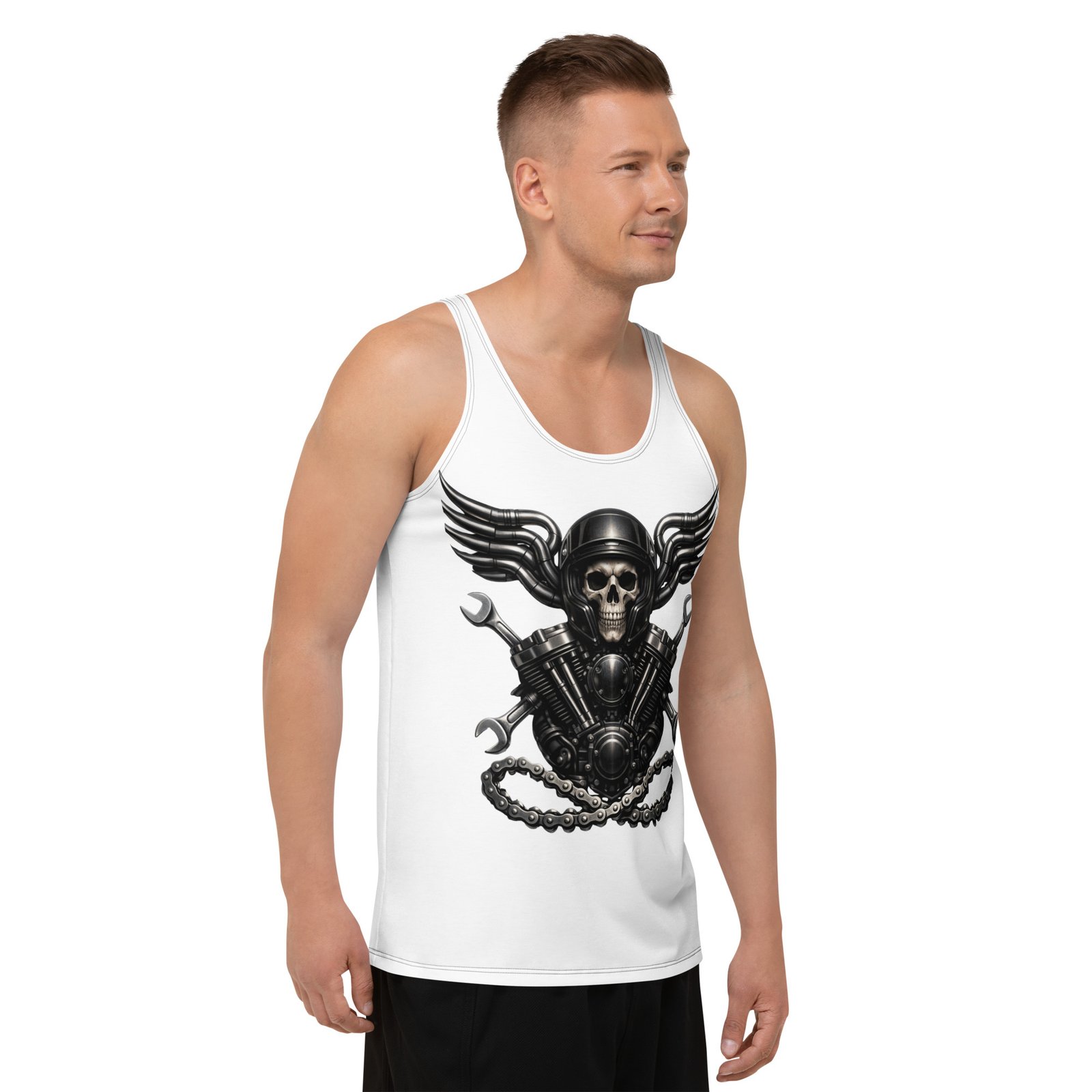 Męski tank top „Mechaniczna Czaszka” – koszulka męska bez rękawów z grafiką czaszki w kasku i silnika V-Twin| Zarn.pl Męski tank top „Mechaniczna Czaszka” – koszulka męska bez rękawów z grafiką czaszki w kasku i silnika V-Twin - obrazek 6