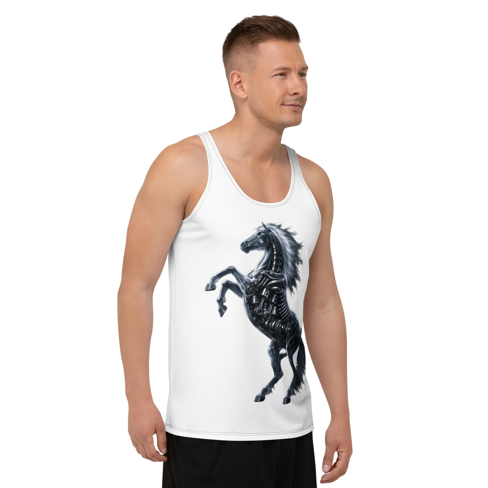 Męski tank top „Mechaniczny Rumak” – koszulka męska bez rękawów z grafiką mechanicznego konia| Zarn.pl Męski tank top „Mechaniczny Rumak” – koszulka męska bez rękawów z grafiką mechanicznego konia - obrazek 6
