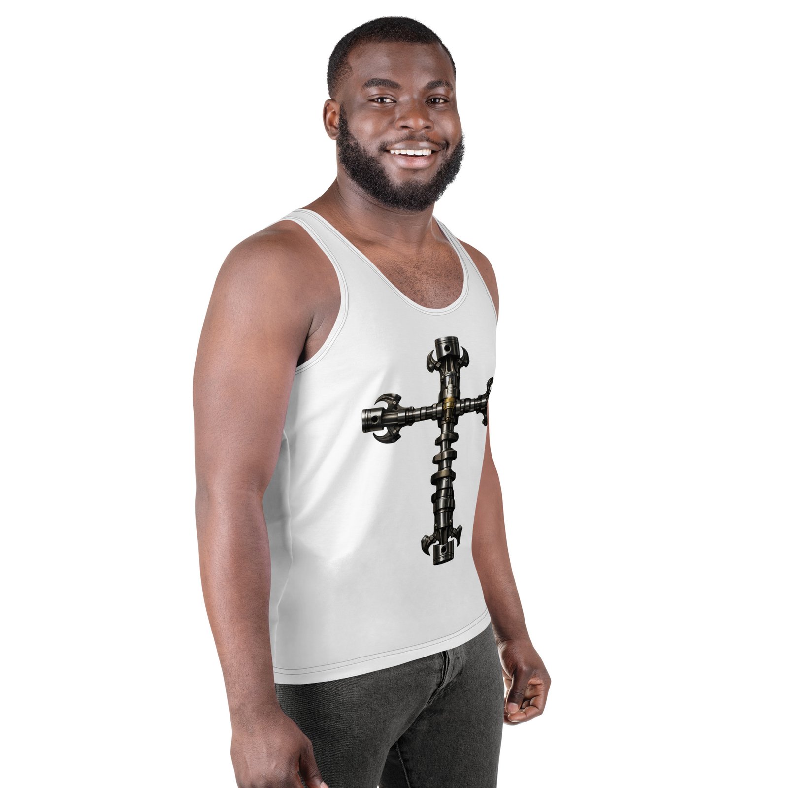 Męski tank top „Mechaniczny Krzyż” – koszulka męska bez rękawów z grafiką krzyża z wału korbowego| Zarn.pl Męski tank top „Mechaniczny Krzyż” – koszulka męska bez rękawów z grafiką krzyża z wału korbowego - obrazek 6