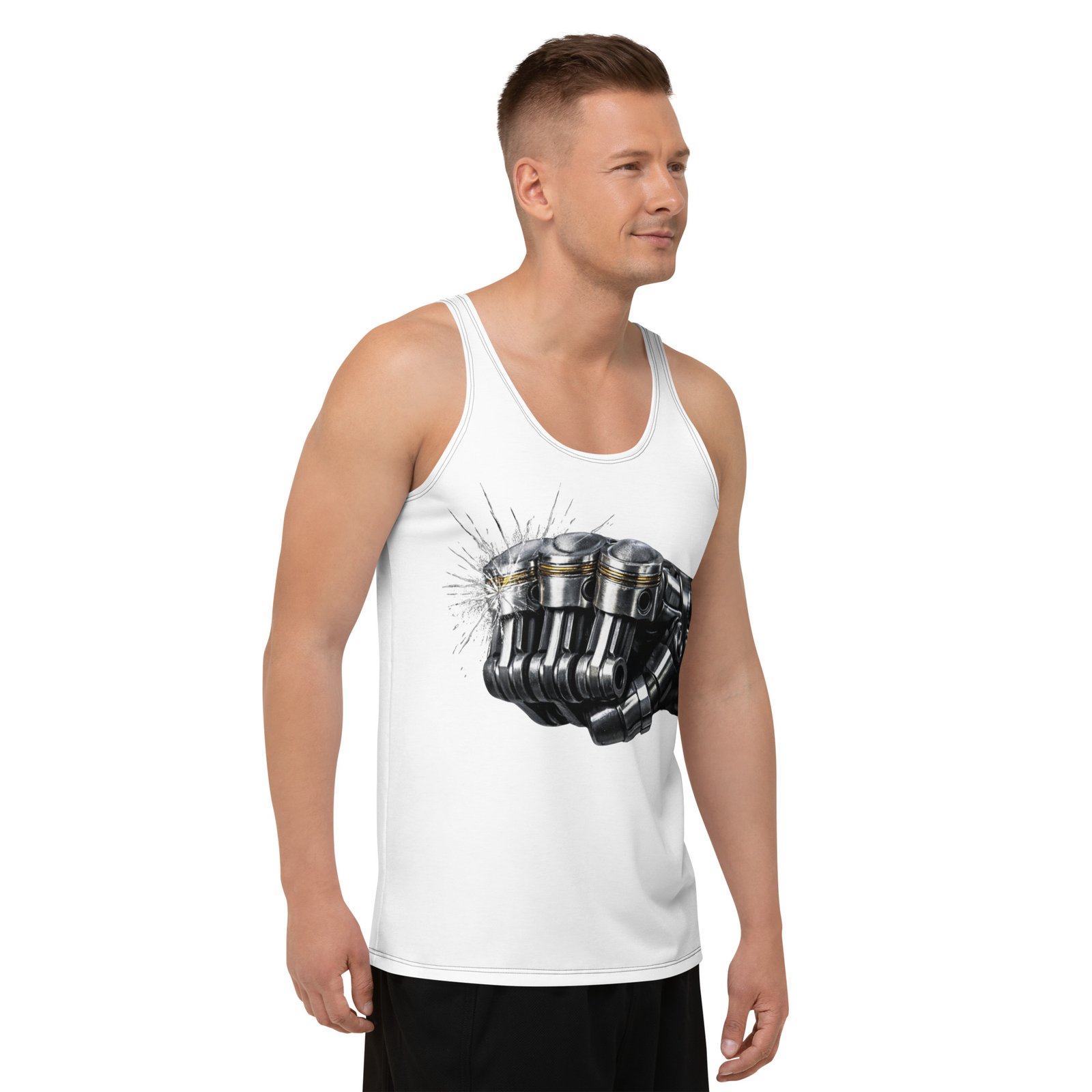 Męski tank top „Mechaniczna Pięść” – koszulka męska bez rękawów z grafiką pięści z tłoków silnika| Zarn.pl Męski tank top „Mechaniczna Pięść” – koszulka męska bez rękawów z grafiką pięści z tłoków silnika - obrazek 6