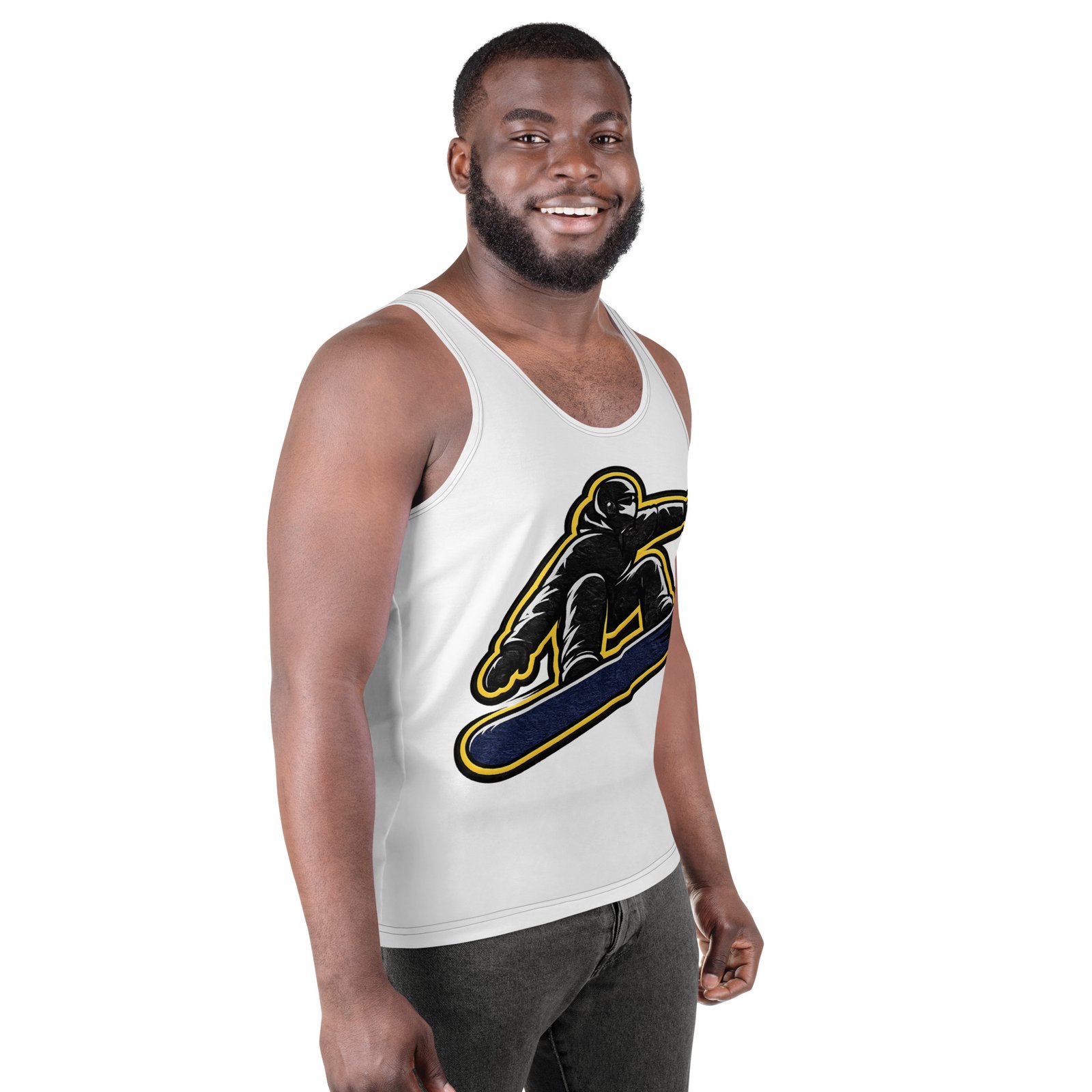 Męski tank top z grafiką snowboardzisty – biała koszulka męska bez rękawów dla miłośników snowboardu| Zarn.pl Męski tank top z grafiką snowboardzisty – biała koszulka męska bez rękawów dla miłośników snowboardu - obrazek 6