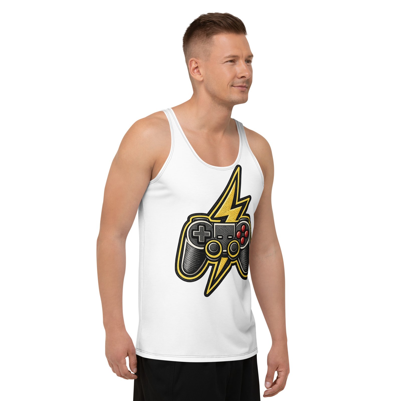 Męski tank top z grafiką pada do gier i błyskawicy – biała koszulka bez rękawów dla gracza| Zarn.pl Męski tank top z grafiką pada do gier i błyskawicy – biała koszulka bez rękawów dla gracza - obrazek 6