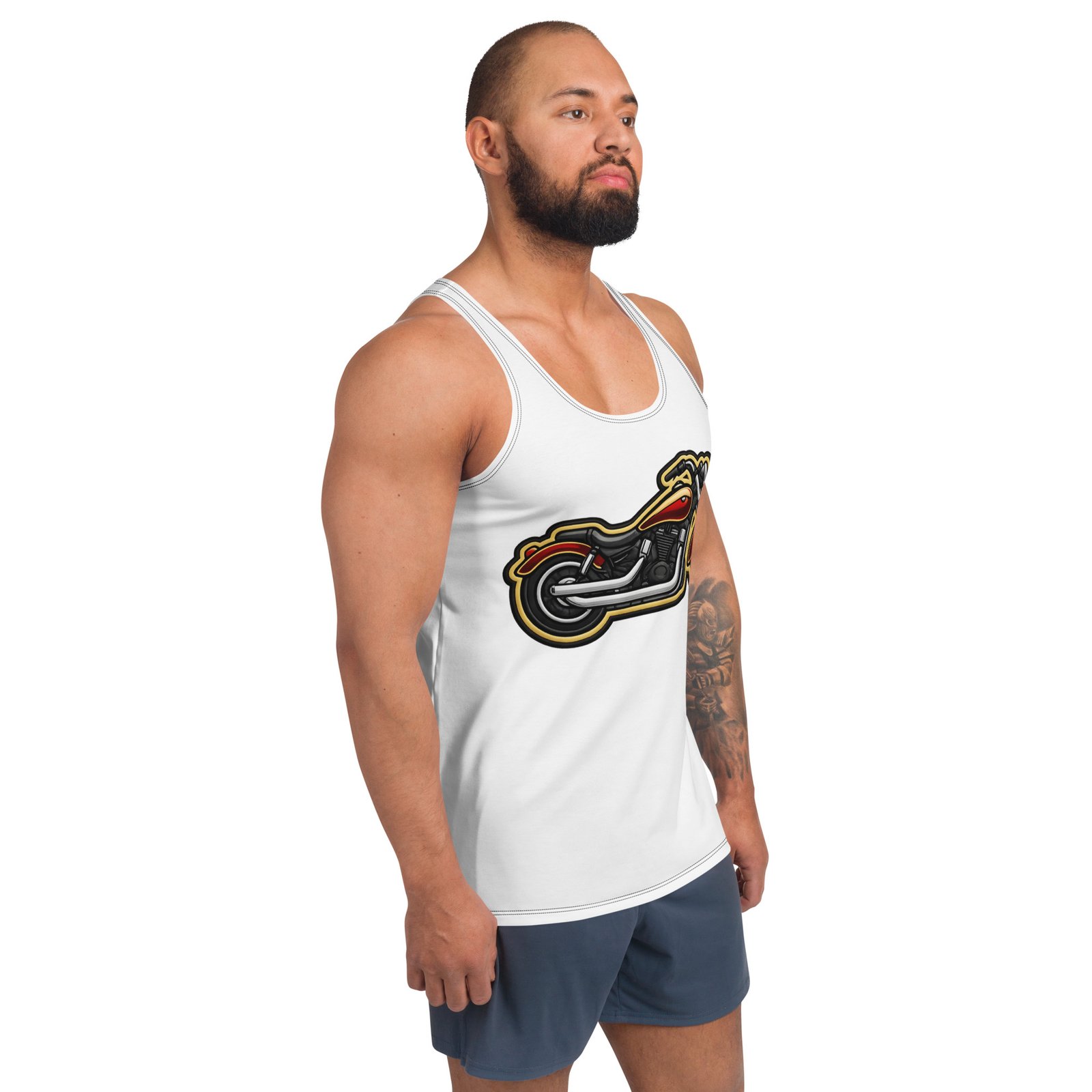Męski tank top z grafiką motocykla cruiser – biała koszulka bez rękawów dla motocyklisty| Zarn.pl Męski tank top z grafiką motocykla cruiser – biała koszulka bez rękawów dla motocyklisty - obrazek 6