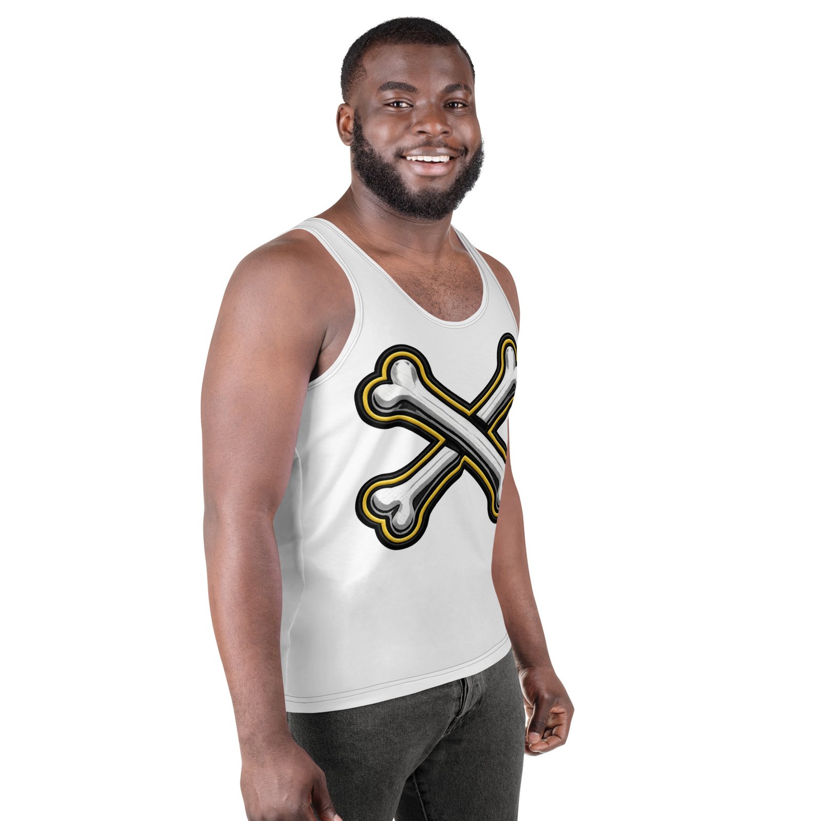 Męski tank top z grafiką skrzyżowanych kości – biała koszulka bez rękawów w stylu pirate| Zarn.pl Męski tank top z grafiką skrzyżowanych kości – biała koszulka bez rękawów w stylu pirate - obrazek 6