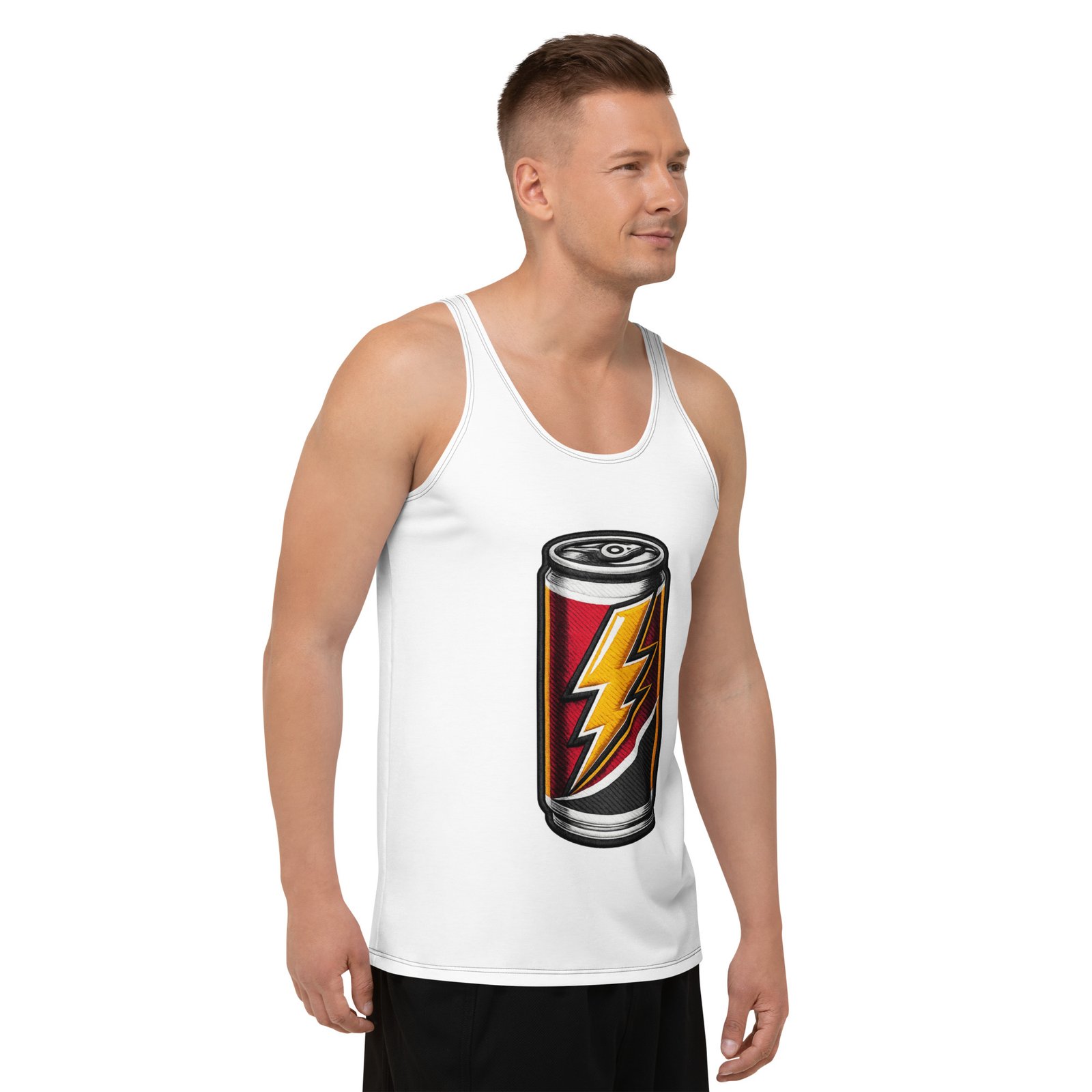 Męski tank top z grafiką puszki napoju energetycznego – biała koszulka bez rękawów dla fanów energii| Zarn.pl Męski tank top z grafiką puszki napoju energetycznego – biała koszulka bez rękawów dla fanów energii - obrazek 6