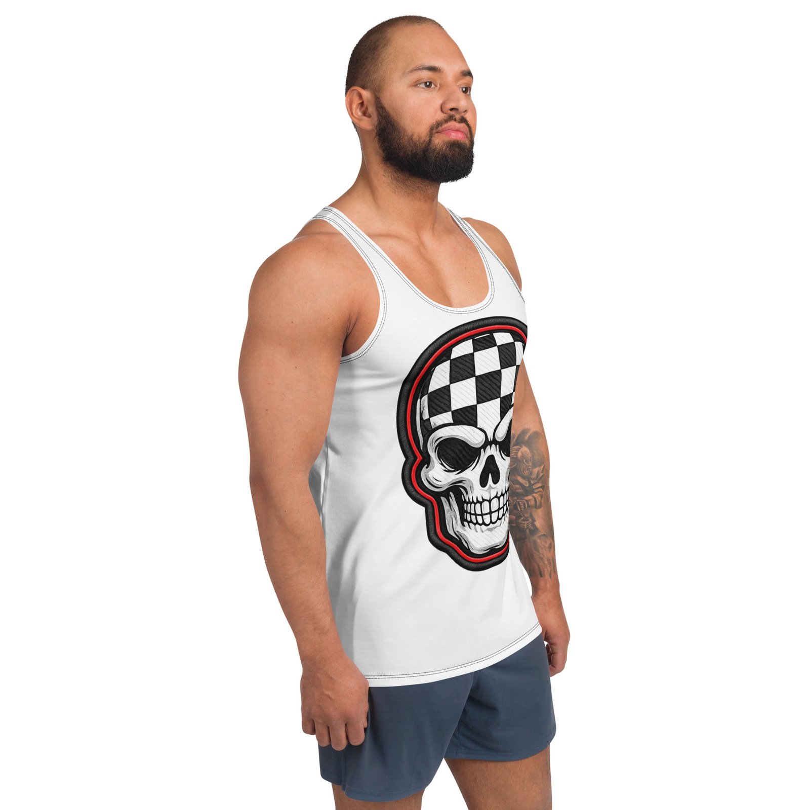 Męski tank top z grafiką czaszki w szachownicę – biała koszulka bez rękawów w stylu streetwear| Zarn.pl Męski tank top z grafiką czaszki w szachownicę – biała koszulka bez rękawów w stylu streetwear - obrazek 6
