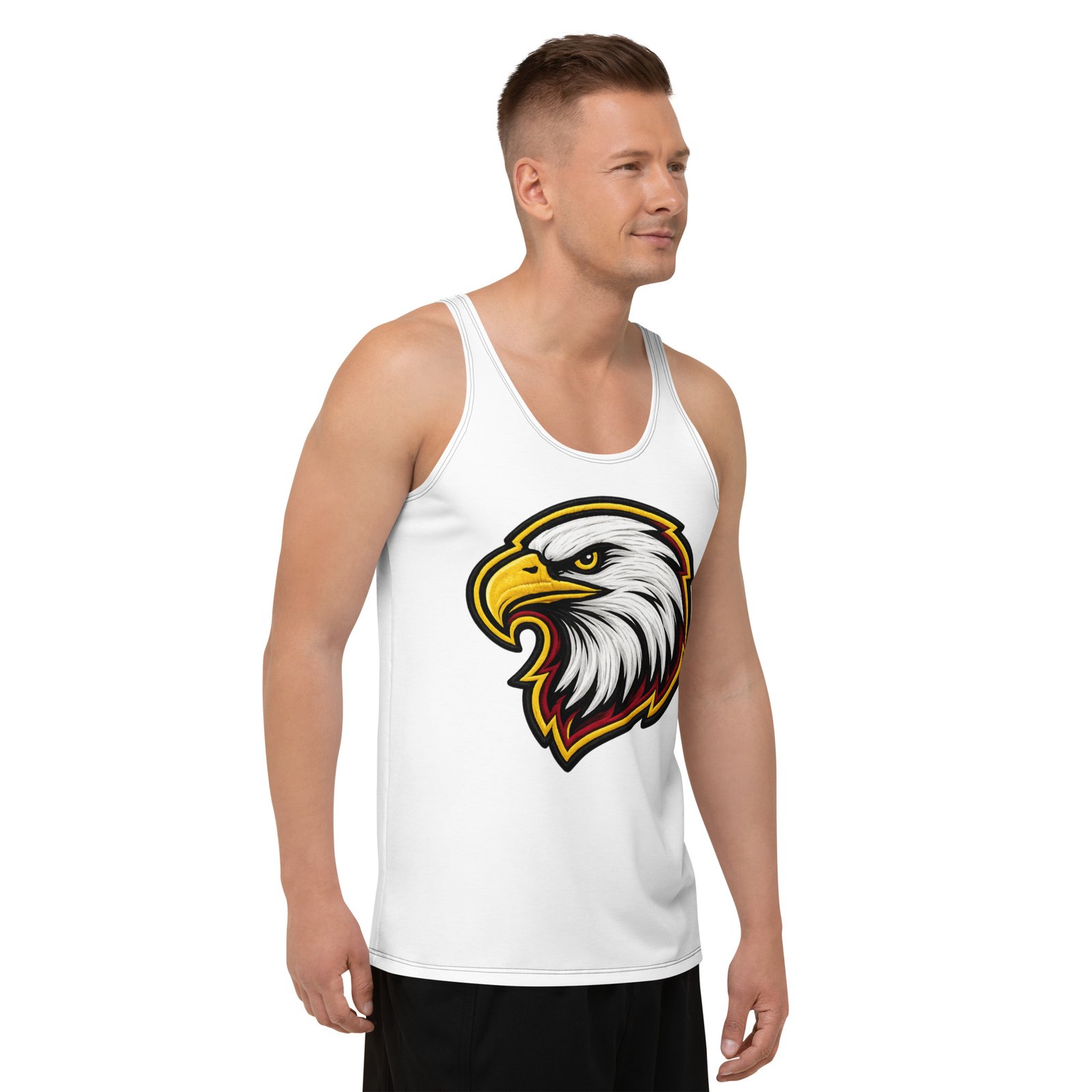 Męski tank top z grafiką głowy bielika amerykańskiego – biała koszulka bez rękawów w stylu patriotycznym| Zarn.pl Męski tank top z grafiką głowy bielika amerykańskiego – biała koszulka bez rękawów w stylu patriotycznym - obrazek 6
