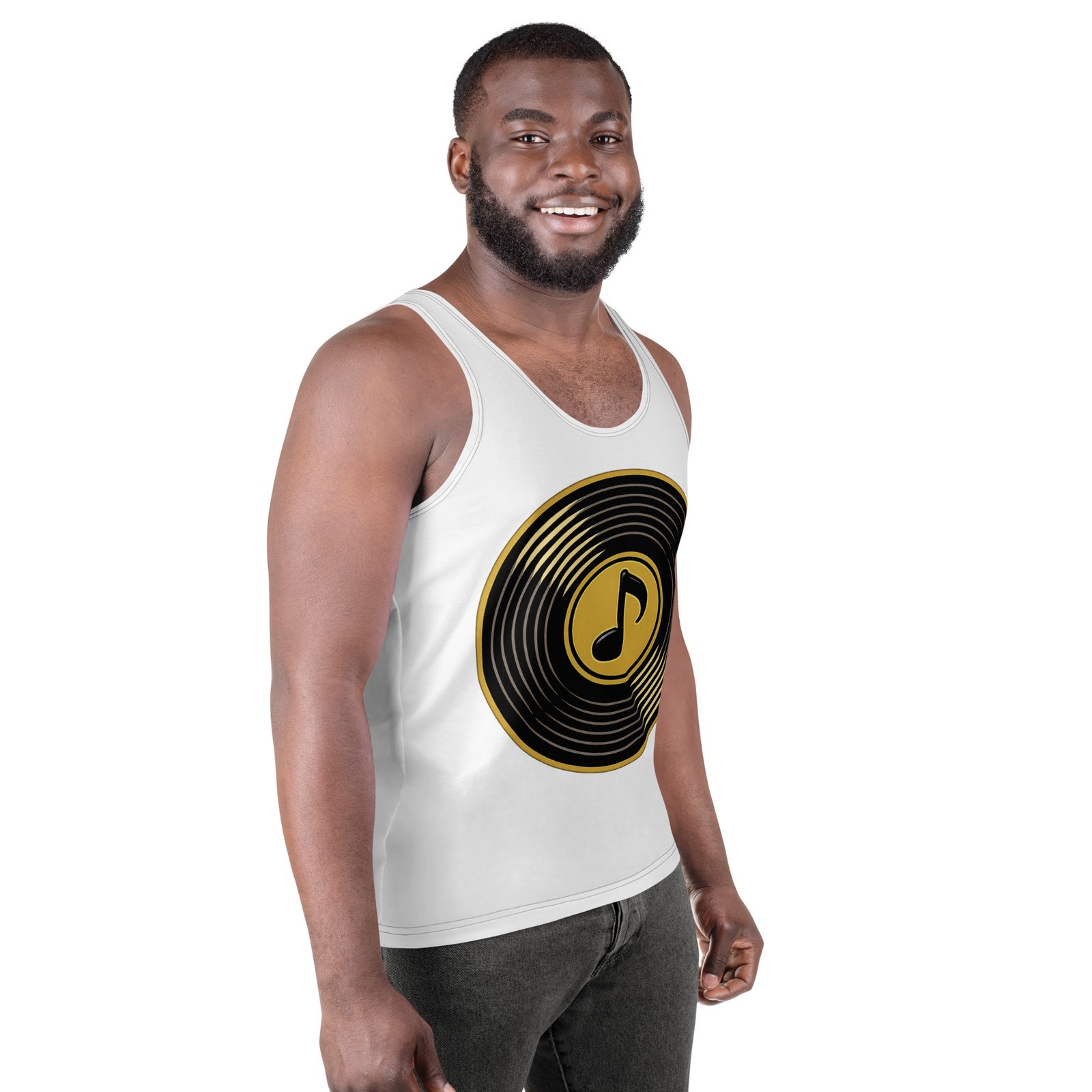 Męski tank top z grafiką płyty winylowej – biała koszulka bez rękawów z motywem muzycznym| Zarn.pl Męski tank top z grafiką płyty winylowej – biała koszulka bez rękawów z motywem muzycznym - obrazek 6
