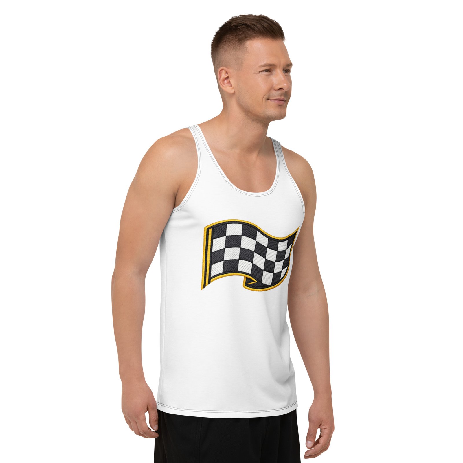 Męski tank top z flagą w szachownicę – koszulka męska bez rękawów z grafiką flagi wyścigowej| Zarn.pl Męski tank top z flagą w szachownicę – koszulka męska bez rękawów z grafiką flagi wyścigowej - obrazek 6