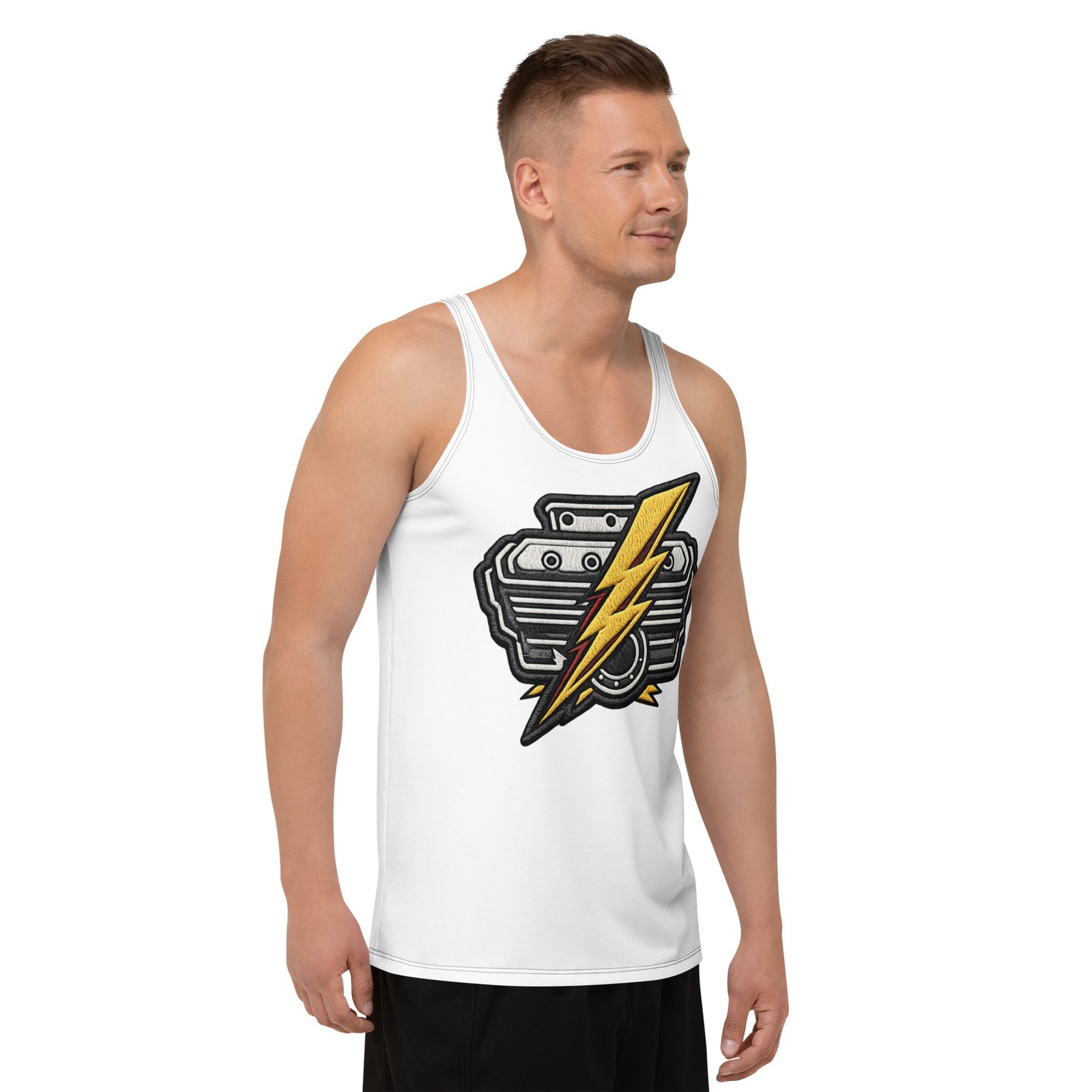 Męski tank top z grafiką silnika i błyskawicy – koszulka bez rękawów dla fanów motoryzacji| Zarn.pl Męski tank top z grafiką silnika i błyskawicy – koszulka bez rękawów dla fanów motoryzacji - obrazek 6