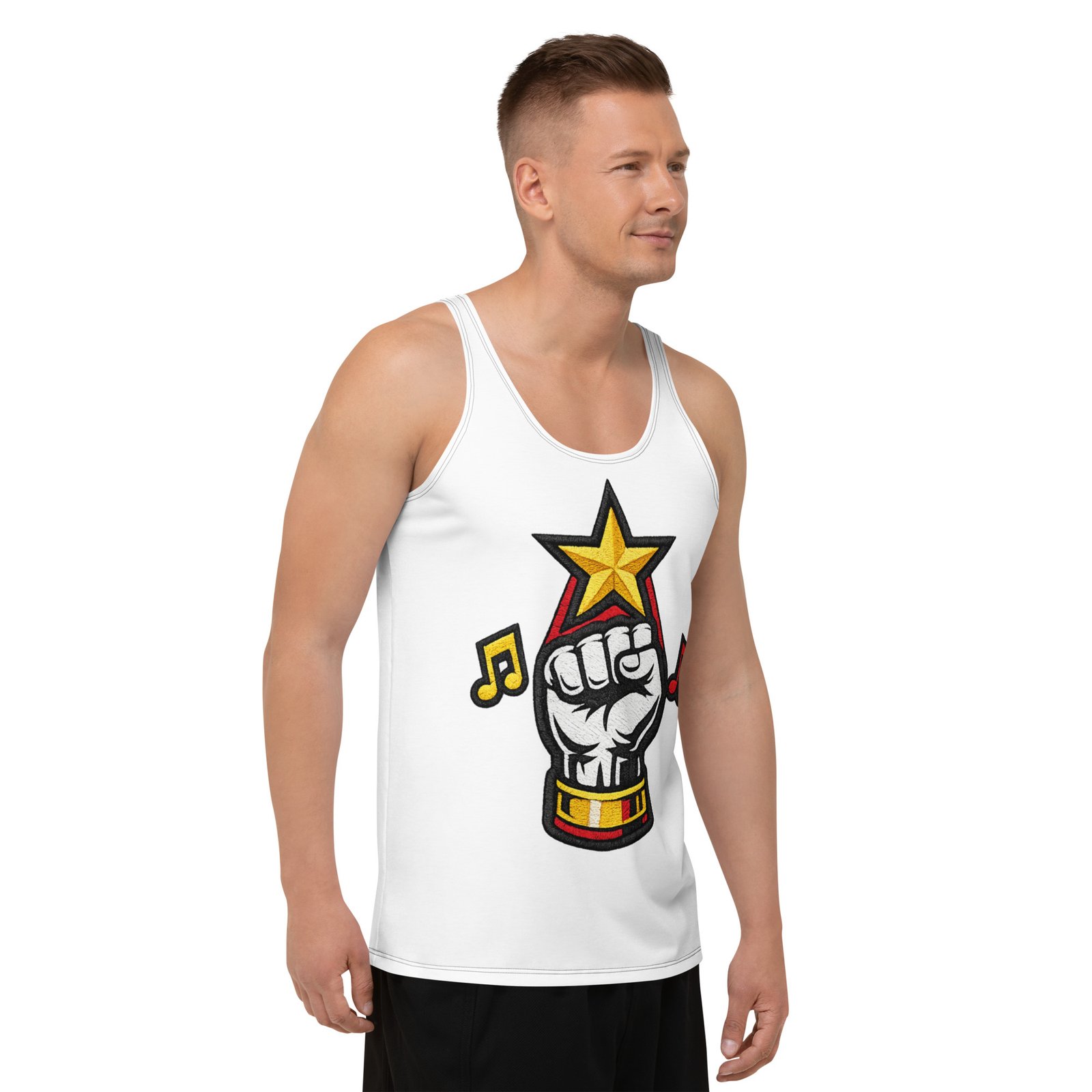 Męski tank top z grafiką zaciśniętej pięści i gwiazdy – koszulka bez rękawów z muzycznym motywem| Zarn.pl Męski tank top z grafiką zaciśniętej pięści i gwiazdy – koszulka bez rękawów z muzycznym motywem - obrazek 6