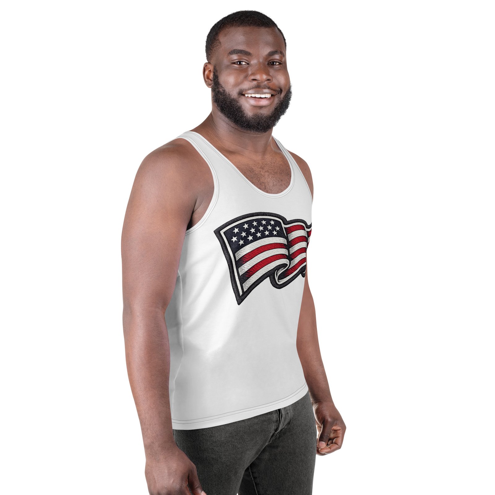 Męski tank top z grafiką falującej flagi USA – koszulka bez rękawów| Zarn.pl Męski tank top z grafiką falującej flagi USA – koszulka bez rękawów - obrazek 6