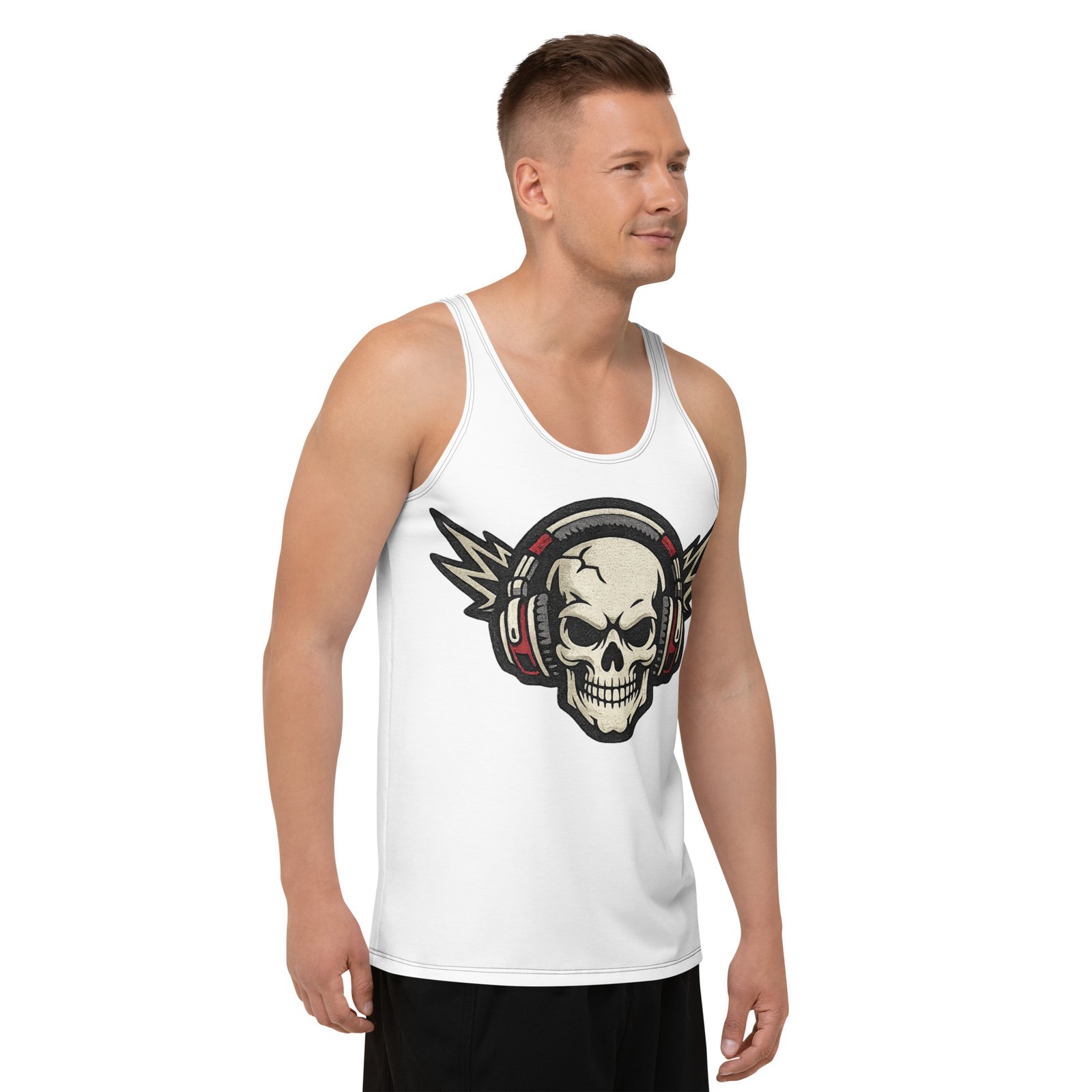 Męski tank top z grafiką czaszki w słuchawkach – koszulka męska bez rękawów z czaszką w słuchawkach| Zarn.pl Męski tank top z grafiką czaszki w słuchawkach – koszulka męska bez rękawów z czaszką w słuchawkach - obrazek 6