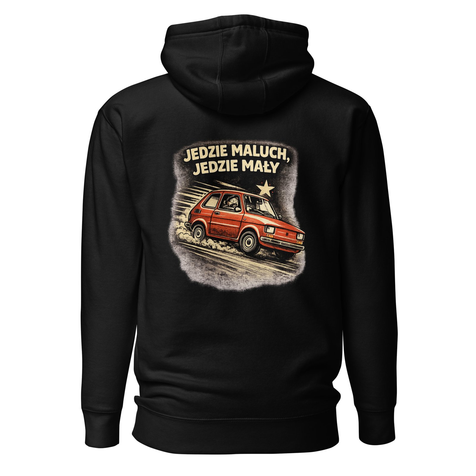 Męska bluza z kapturem kangurka „Jedzie Maluch, Jedzie Mały” – bluza męska z Fiatem 126p w klimacie PRL| Zarn.pl Męska bluza z kapturem kangurka „Jedzie Maluch, Jedzie Mały” – bluza męska z Fiatem 126p w klimacie PRL - obrazek 2