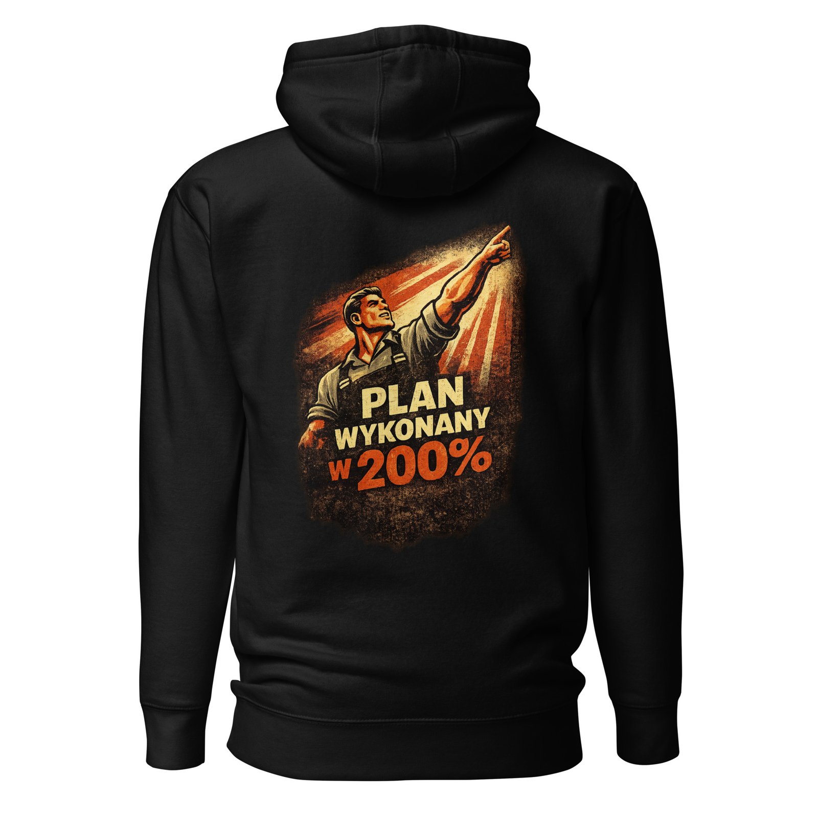 Męska bluza z kapturem kangurka „Plan Wykonany w 200%” – bluza męska w klimacie PRL z robotnikiem propagandowym| Zarn.pl Męska bluza z kapturem kangurka „Plan Wykonany w 200%” – bluza męska w klimacie PRL z robotnikiem propagandowym - obrazek 2