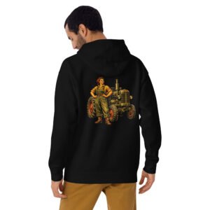 bluza męska w klimacie PRL z kobietą przy traktorze
