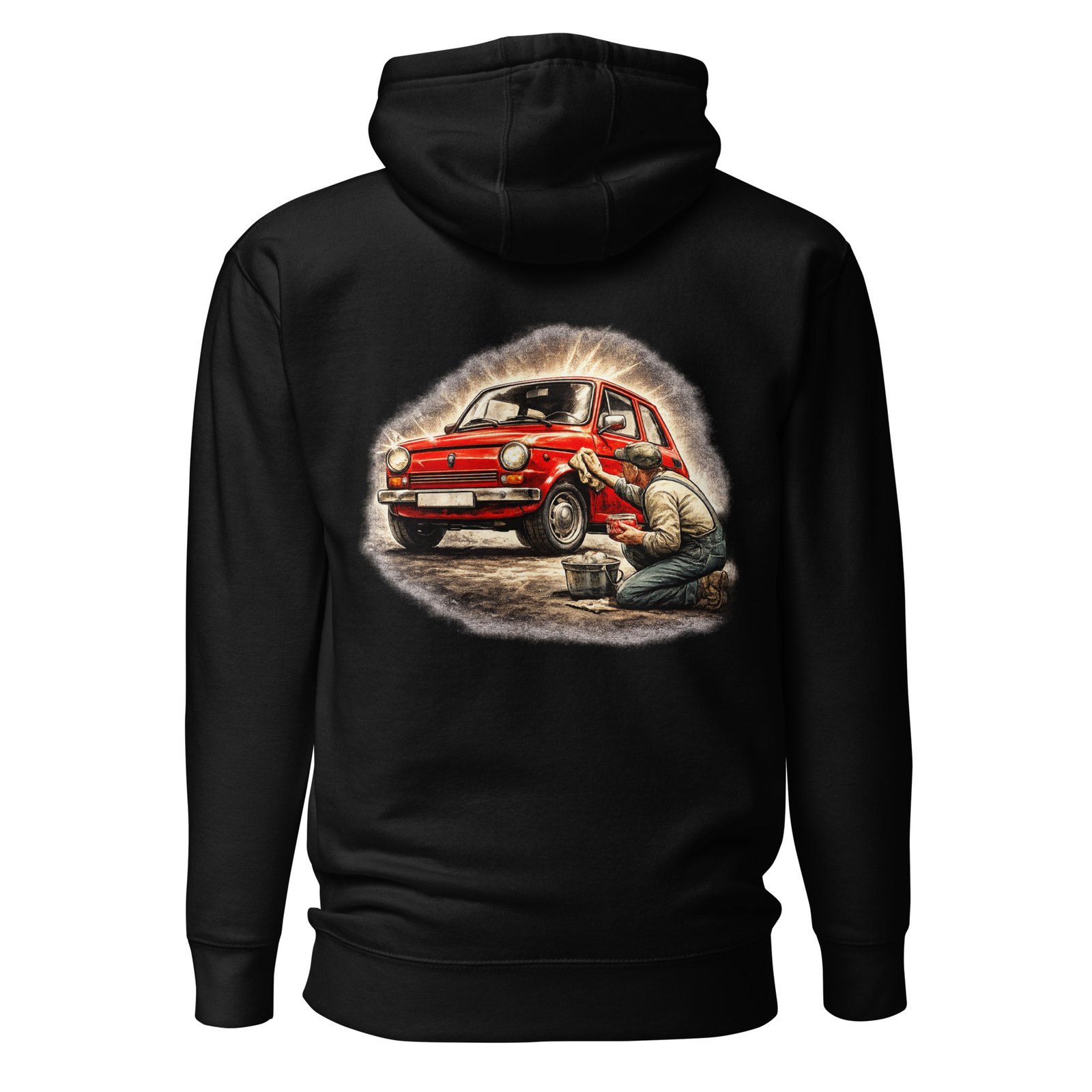 Męska bluza z kapturem „Weekendowy Detailing PRL” – bluza kangurka z klasycznym samochodem retro| Zarn.pl Męska bluza z kapturem „Weekendowy Detailing PRL” – bluza kangurka z klasycznym samochodem retro - obrazek 2
