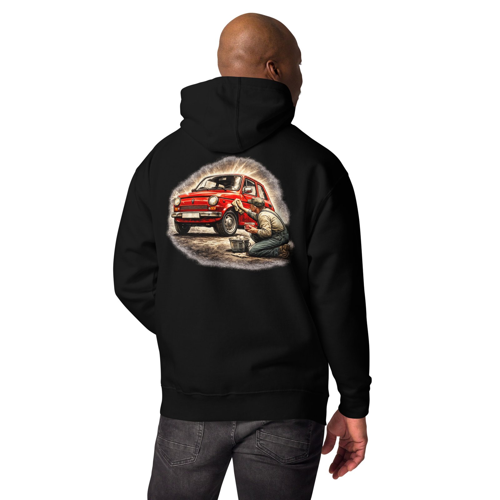 Męska bluza z kapturem „Weekendowy Detailing PRL” – bluza kangurka z klasycznym samochodem retro| Zarn.pl Męska bluza z kapturem „Weekendowy Detailing PRL” – bluza kangurka z klasycznym samochodem retro - obrazek 14