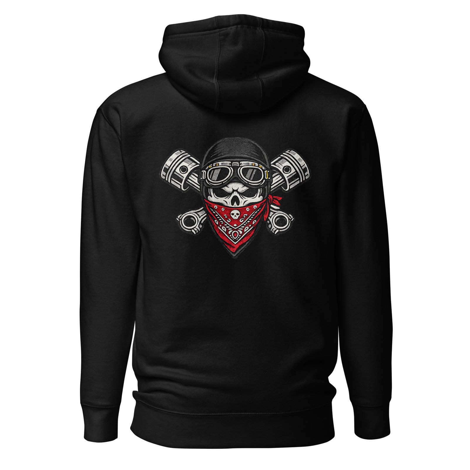 Męska bluza z kapturem kangurka „Czaszka Motocyklisty z Tłokami” – bluza męska z motocyklową grafiką biker| Zarn.pl Męska bluza z kapturem kangurka „Czaszka Motocyklisty z Tłokami” – bluza męska z motocyklową grafiką biker - obrazek 2