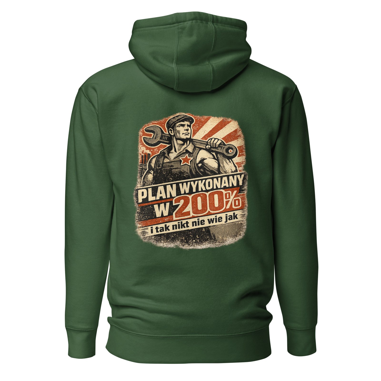 Męska bluza z kapturem kangurka „Plan Wykonany w 200%” – bluza męska w klimacie PRL z robotnikiem i kluczem| Zarn.pl Męska bluza z kapturem kangurka „Plan Wykonany w 200%” – bluza męska w klimacie PRL z robotnikiem i kluczem - obrazek 4