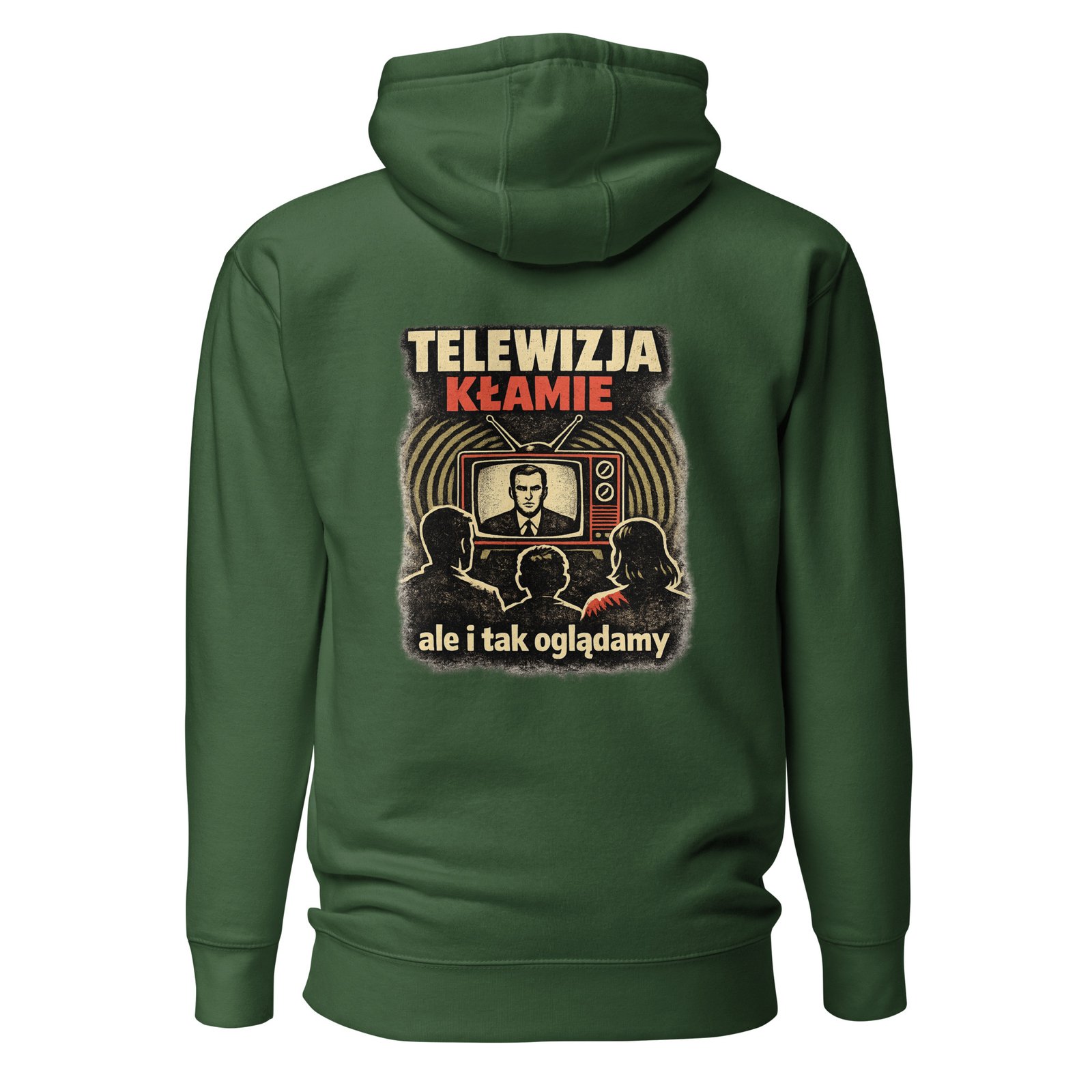 Męska bluza z kapturem kangurka „Telewizja Kłamie” – bluza męska w klimacie PRL z telewizorem retro| Zarn.pl Męska bluza z kapturem kangurka „Telewizja Kłamie” – bluza męska w klimacie PRL z telewizorem retro - obrazek 4