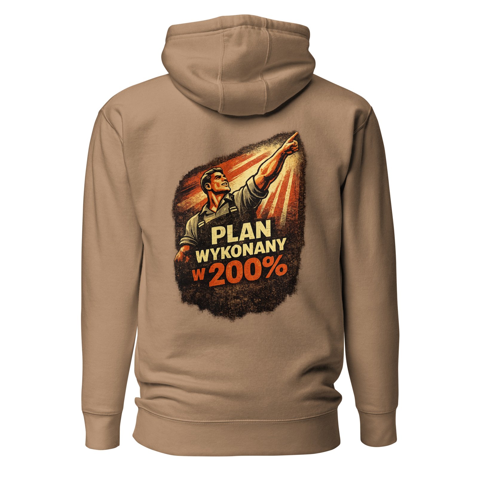 Męska bluza z kapturem kangurka „Plan Wykonany w 200%” – bluza męska w klimacie PRL z robotnikiem propagandowym| Zarn.pl Męska bluza z kapturem kangurka „Plan Wykonany w 200%” – bluza męska w klimacie PRL z robotnikiem propagandowym - obrazek 6