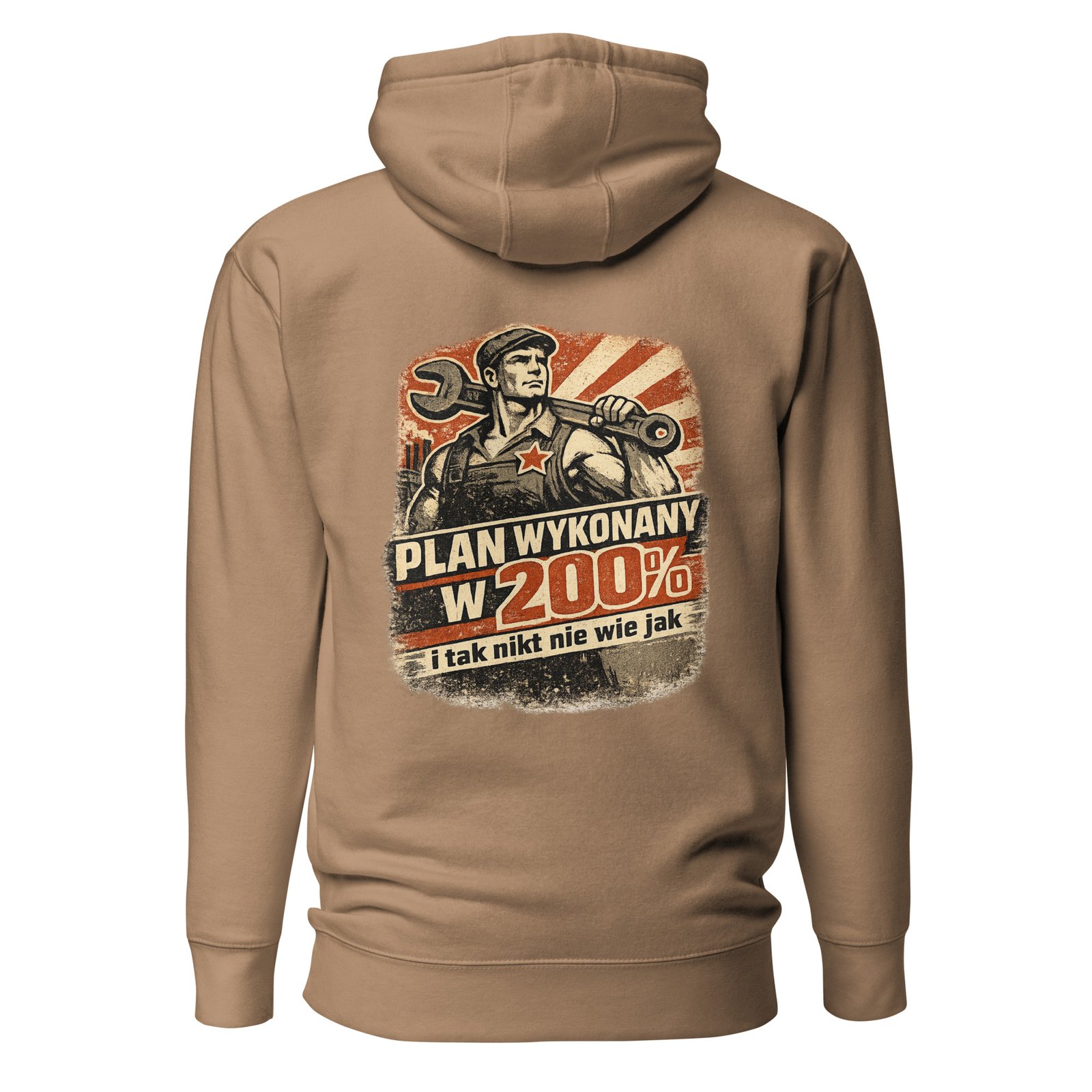 Męska bluza z kapturem kangurka „Plan Wykonany w 200%” – bluza męska w klimacie PRL z robotnikiem i kluczem| Zarn.pl Męska bluza z kapturem kangurka „Plan Wykonany w 200%” – bluza męska w klimacie PRL z robotnikiem i kluczem - obrazek 6