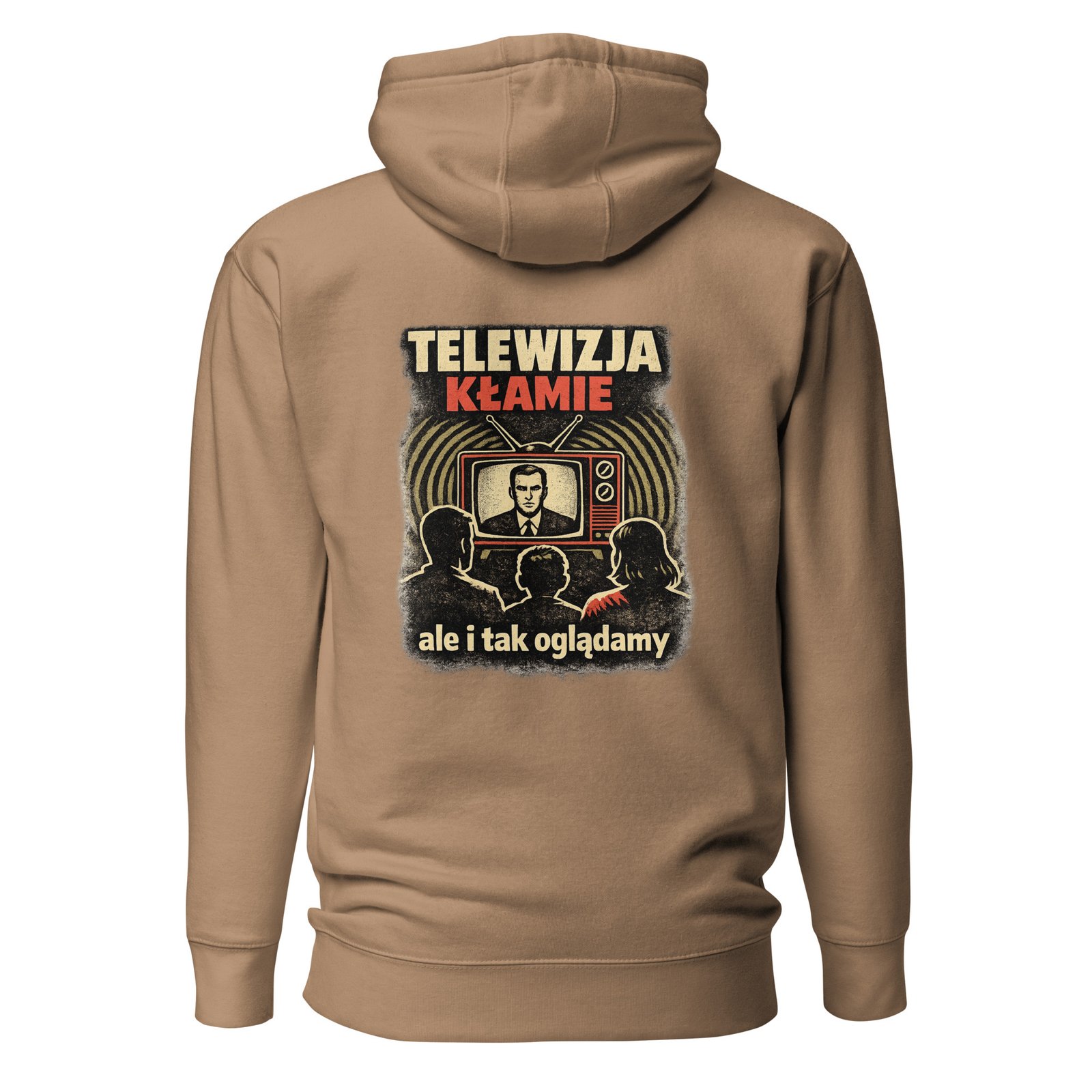 Męska bluza z kapturem kangurka „Telewizja Kłamie” – bluza męska w klimacie PRL z telewizorem retro| Zarn.pl Męska bluza z kapturem kangurka „Telewizja Kłamie” – bluza męska w klimacie PRL z telewizorem retro - obrazek 6