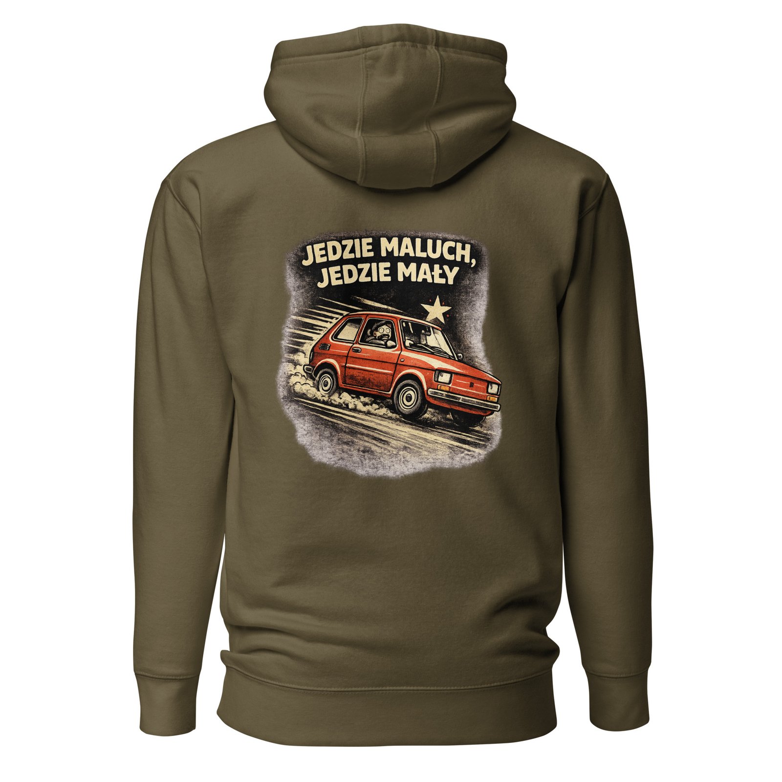 Męska bluza z kapturem kangurka „Jedzie Maluch, Jedzie Mały” – bluza męska z Fiatem 126p w klimacie PRL| Zarn.pl Męska bluza z kapturem kangurka „Jedzie Maluch, Jedzie Mały” – bluza męska z Fiatem 126p w klimacie PRL - obrazek 5