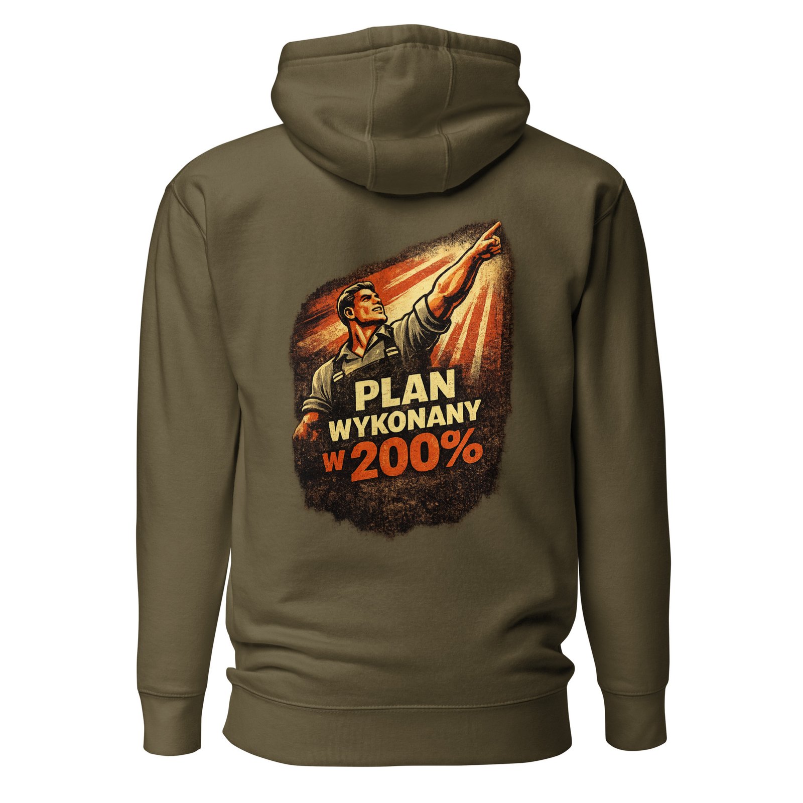 Męska bluza z kapturem kangurka „Plan Wykonany w 200%” – bluza męska w klimacie PRL z robotnikiem propagandowym| Zarn.pl Męska bluza z kapturem kangurka „Plan Wykonany w 200%” – bluza męska w klimacie PRL z robotnikiem propagandowym - obrazek 5